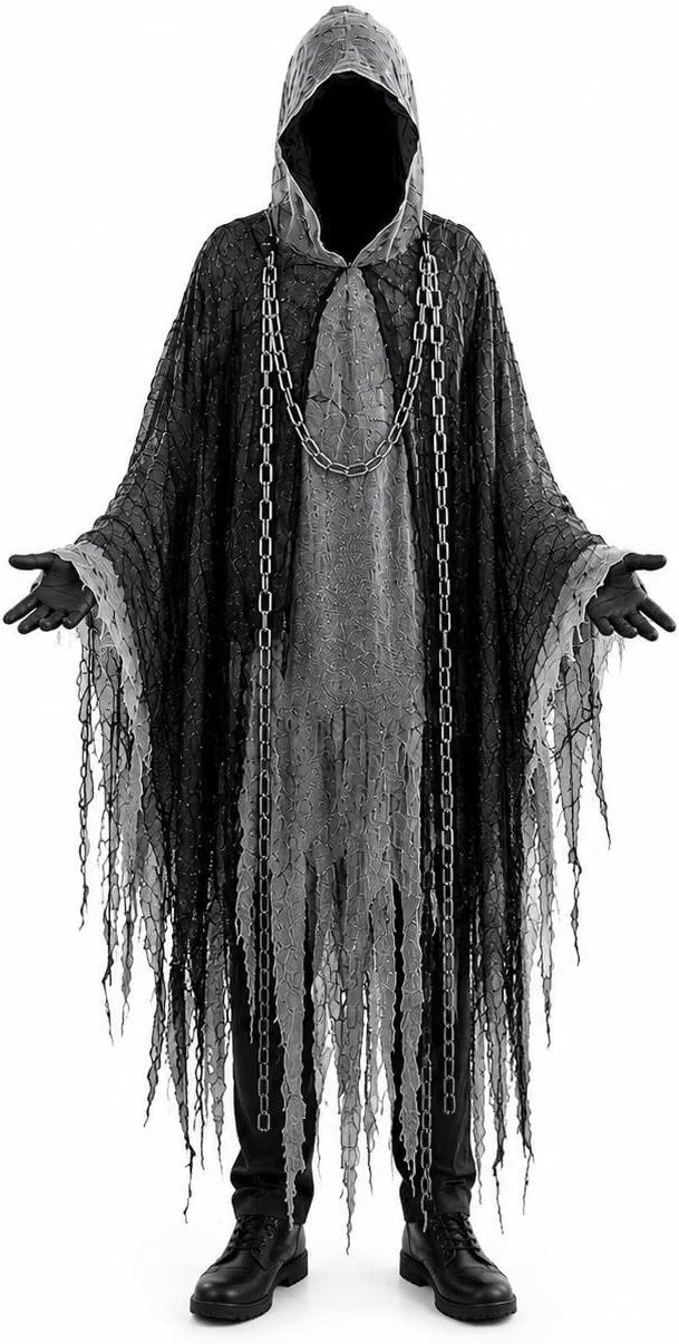 TK Gruppe Kostüm Sensenmann für Erwachsene mit Kapuze & Kette, Halloween & Fasching, Schwarzer Umhang mit grauen Details