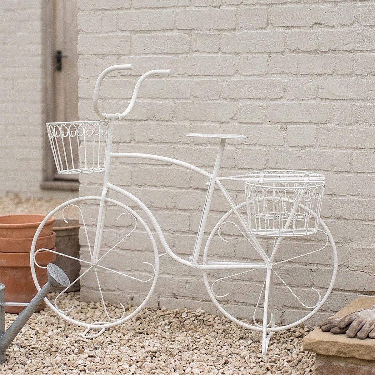 Antikas Gartenpflege-Set Wertiges Blumenfahrrad aus Metall, rustikal weiß, H.91 cm
