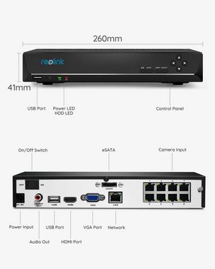 Reolink 4K Überwachungskamera Set RLK8-800B4-A Überwachungskamera (Aussen, 8CH 2TB HDD NVR, 4X PoE IP Kamera, Personener-&Fahrzeugerkennung)