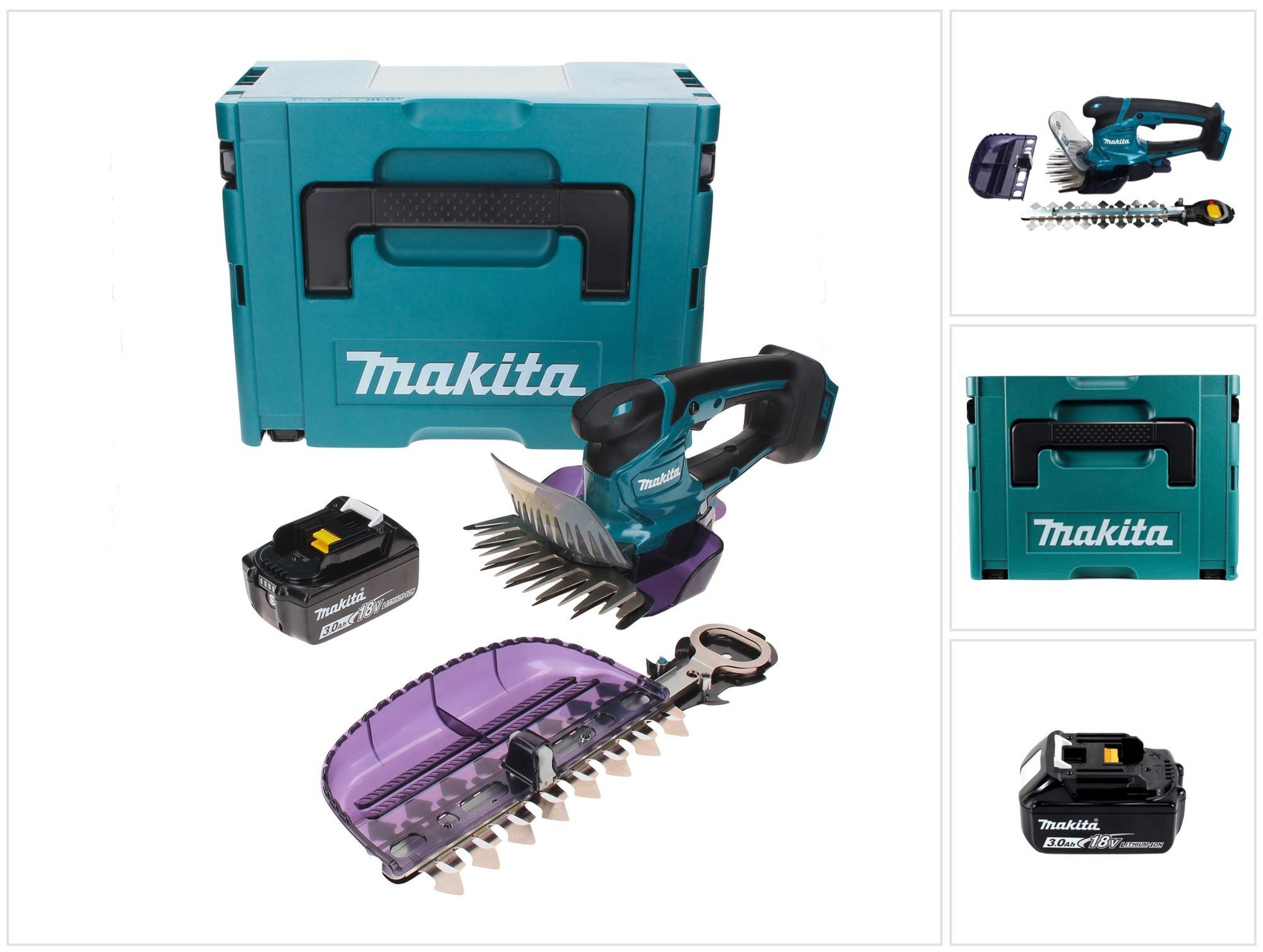 Makita Akku-Grasschere DUM 604 F1XJ 18 V mit Gras- und Strauchscherblatt + 1x Akku 3,0 Ah