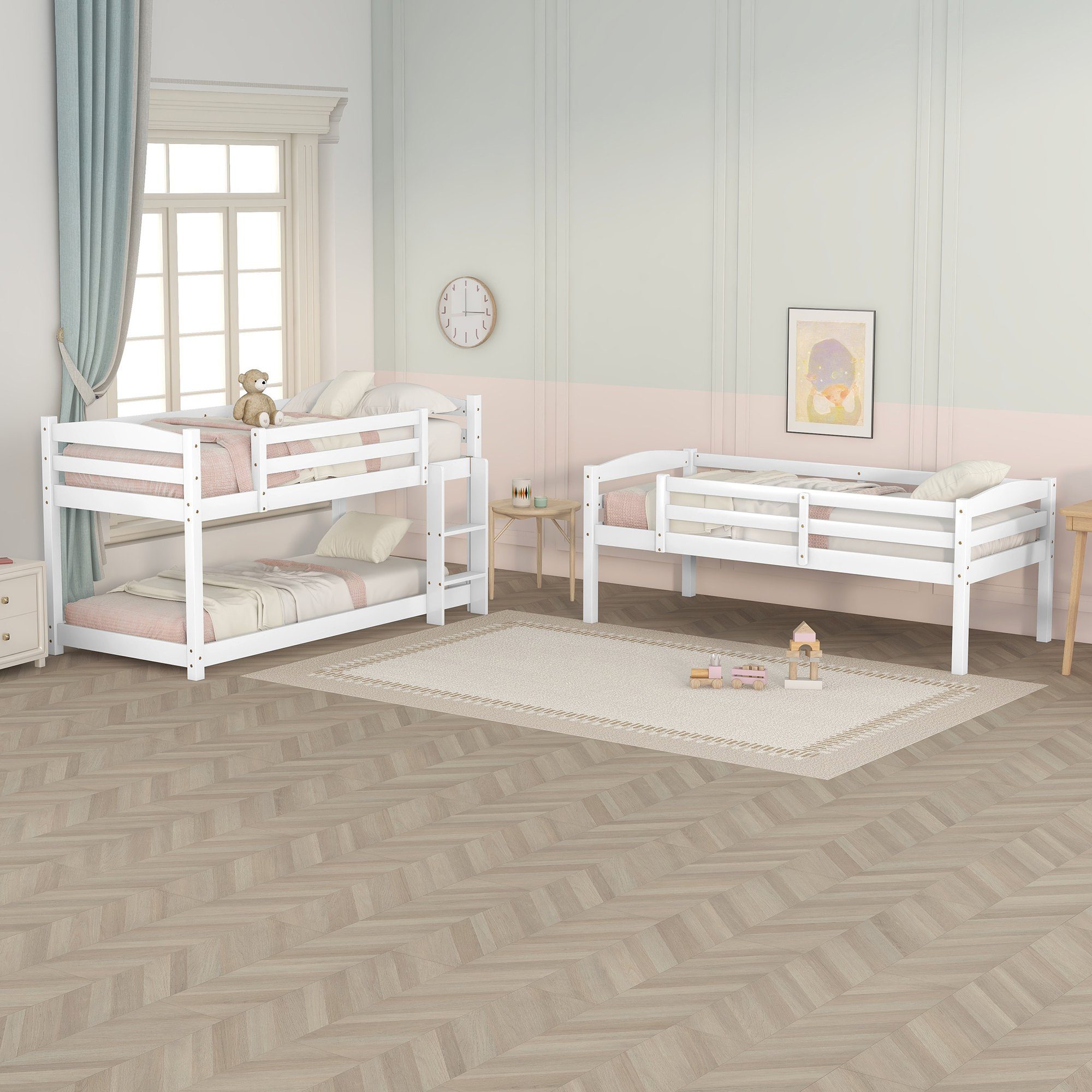 Merax Hochbett 90x200 cm mit drei Ligeflächen, Kinderbett Kiefer mit Leiter Etagenbett verwandelbar mit Rausfallschutz, 3 Stk. Einzelbett