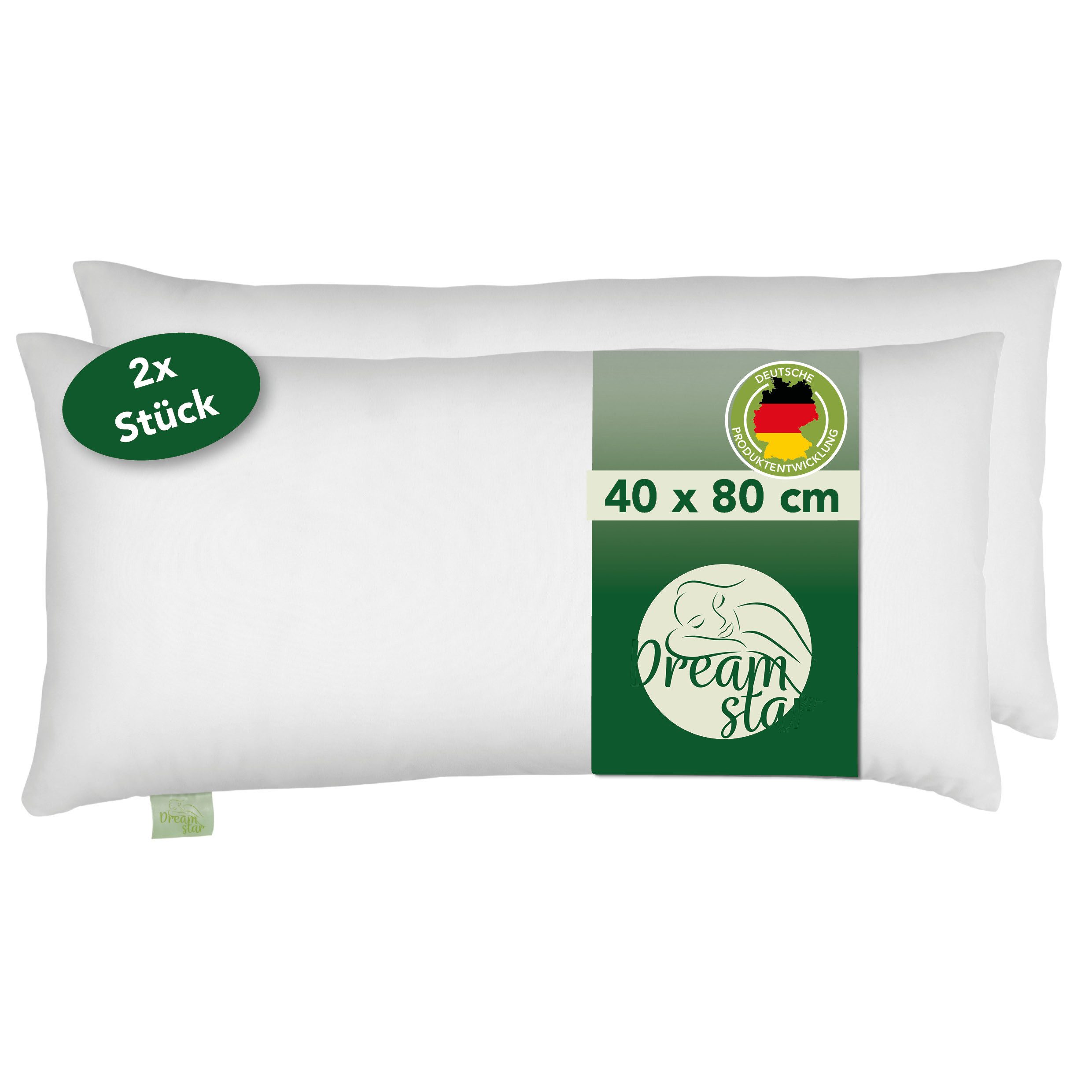 Dreamstar Microfaserkissen Eco, Kopfkissen in verschiedenen Größen - entwickelt in Deutschland, Füllung: Faserfüllung, Bezug: angenehm weiche Microfaser, Seitenschläfer, Rückenschläfer, Bauchschläfer, Set, 2-tlg., waschbar & allergikergeeignet, Kissen 40x80 cm