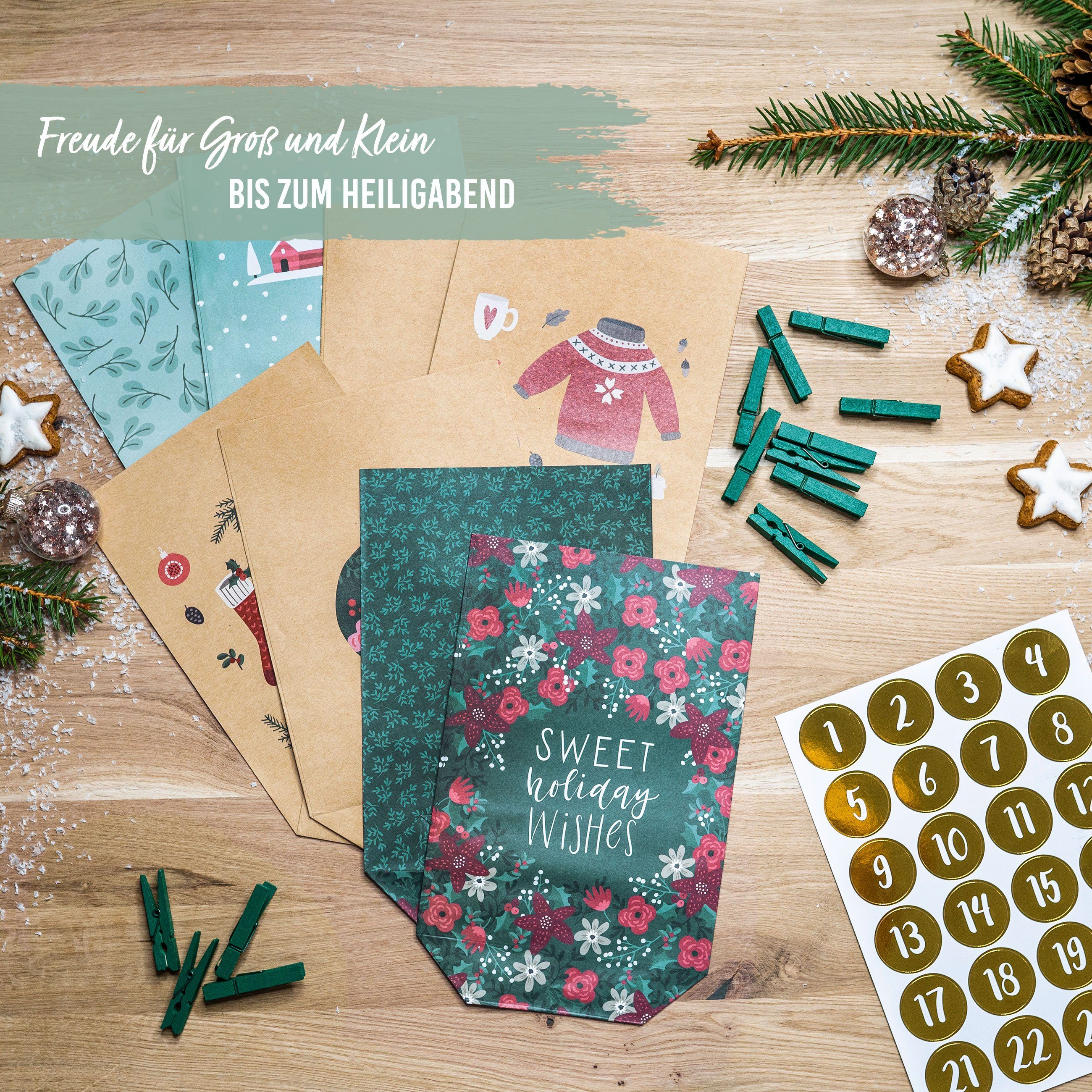 PAPIERDRACHEN befüllbarer Adventskalender Adventskalender mit bedruckten Tüten, Adventskalender zum selber befüllen