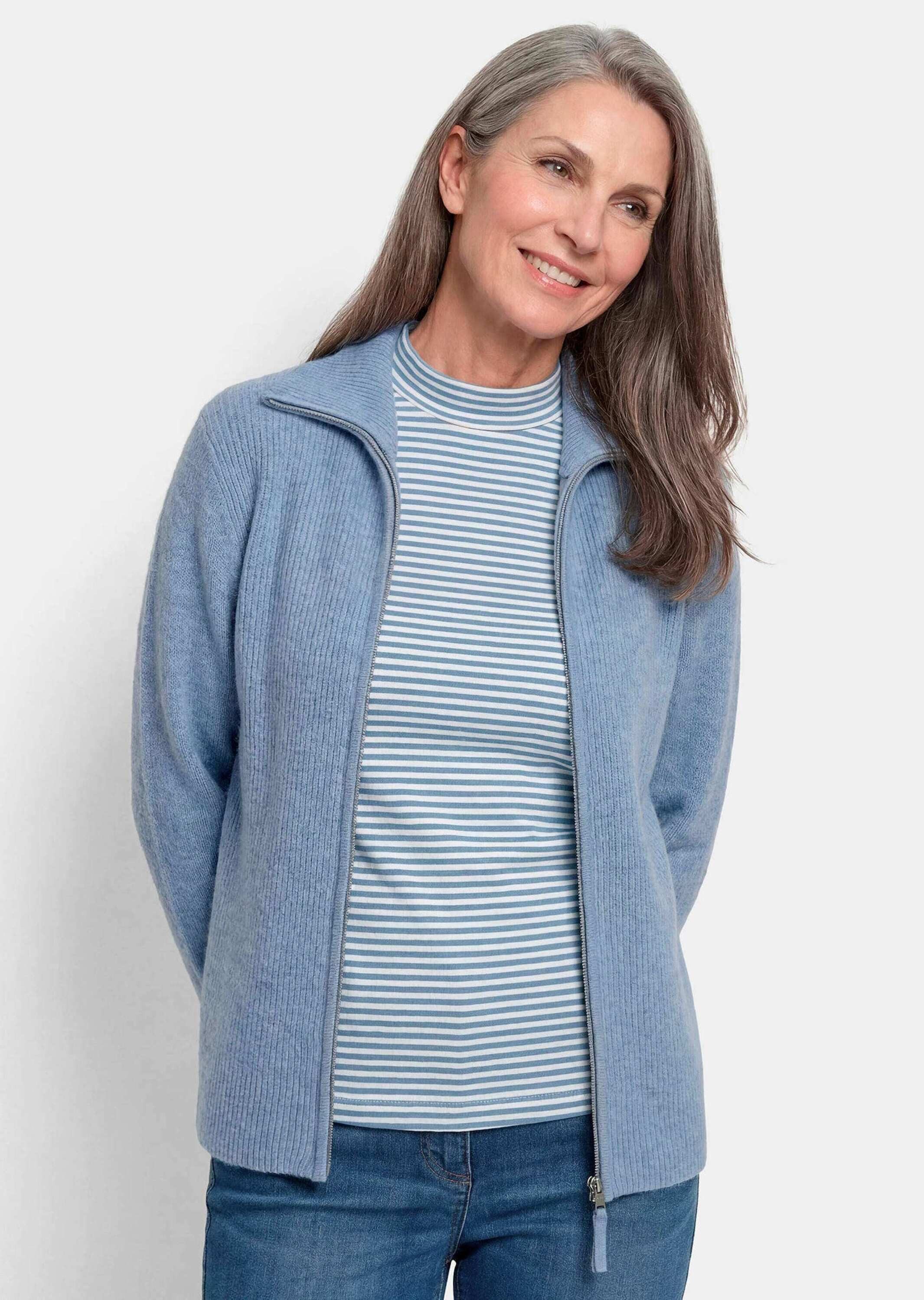 GOLDNER Strickjacke Melange-Cardigan mit Reißverschluss Elastische Strickjacke mit Längsrippe und Stehkragen