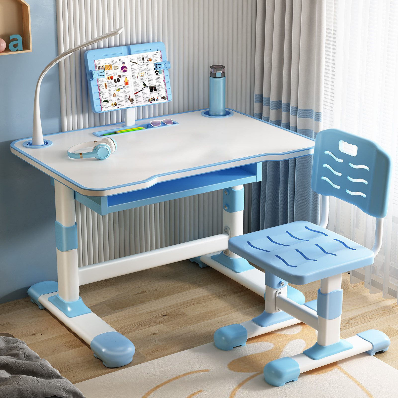 Rutaqian Kinderschreibtisch Kinderschreibtisch höhenverstellbar, Schreibtisch Kinder mit Stuhl (Höhenverstellbarer Ergonomischer Schreibtisch-Stuhl Set), Kinderschreibtisch-Stuhlset mit Tischlampe für Jungs und Mädchen