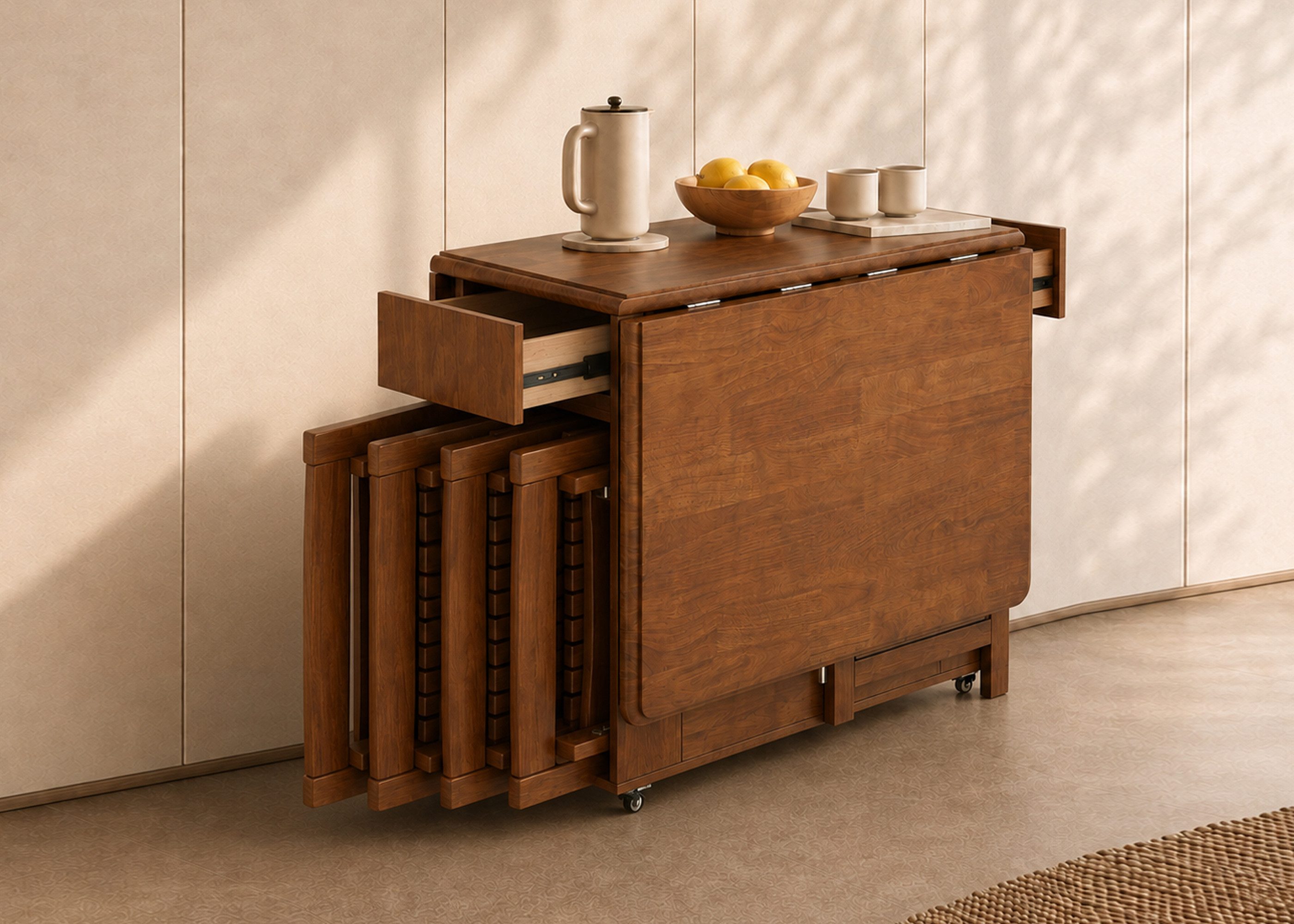 oleyluckidea Esstisch klappbar Massivholz Klapptisch 130 cm mit Stauraum & Rollen Nussbaum (4-St., ein Esstisch), Breite 13Ocm