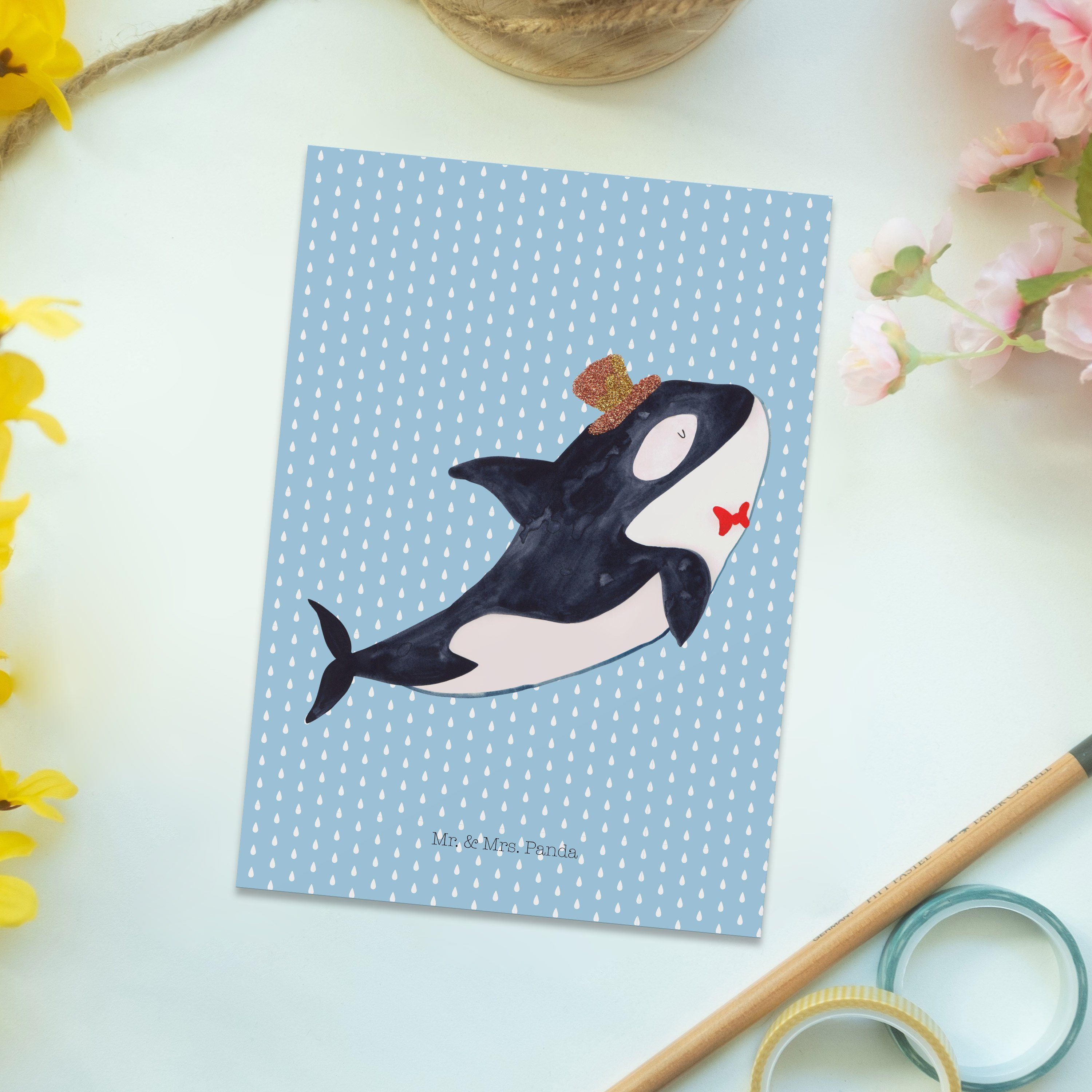 Mr. & Mrs. Panda Postkarte Geschenk, Zylinder Blau Karte Geburtstag, - - Orca Pastell Einladung