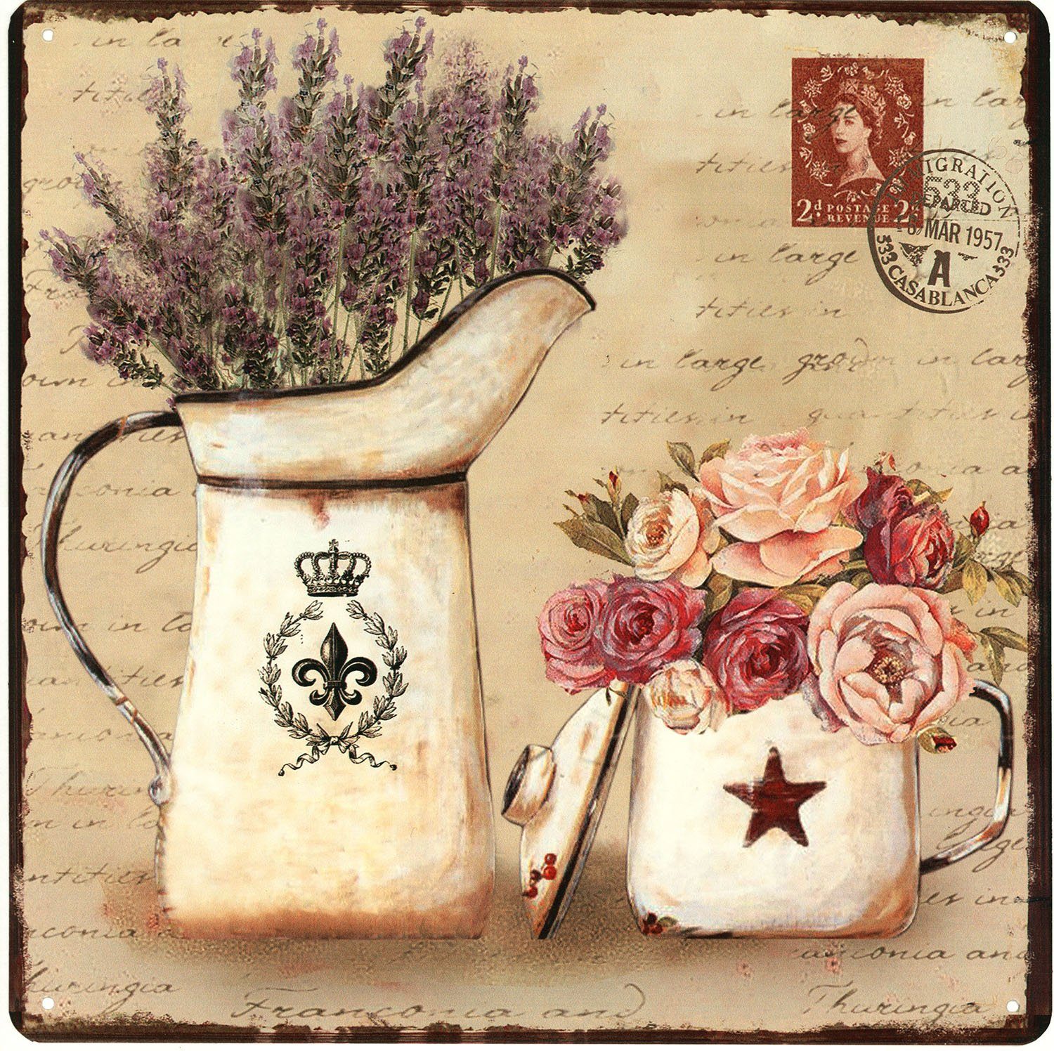 Metallschild Blechschild Q1348 Lavendel Blumen Kanne 30 x 30