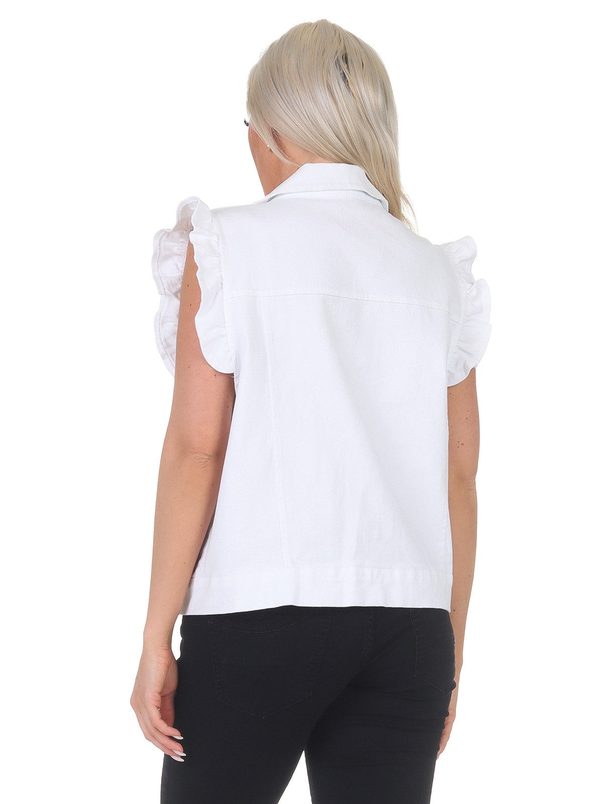 Aurela Damenmode Jeansweste Damen Weste Jeanslook Sommerweste mit Volantärmeln Sommerfarben