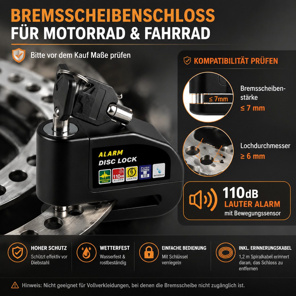 Fyrove Bremsscheibenschloss mit Alarm 110dB, Motorradschloss mit Erinnerungskabel (Diebstahlsicherung für Motorrad, Fahrrad und Scooter), wasserdichtes Sicherheitsschloss mit Aluminiumgehäuse