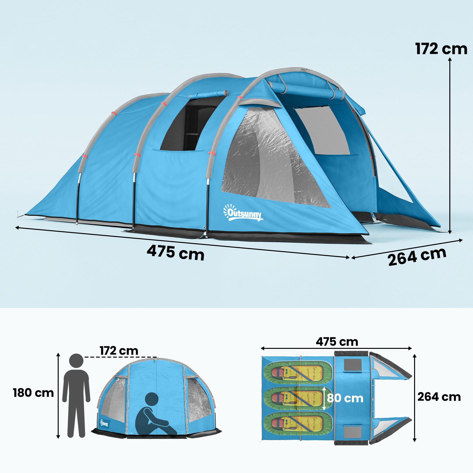 Outsunny Kuppelzelt Tunnelzelt für 4 Personen, Campingzelt mit Zwei Räumen, Personen: 4 (Festivalzelt, 1 tlg., Familienzelt), 2000 mm Wassersäule, für Trekking, Blau