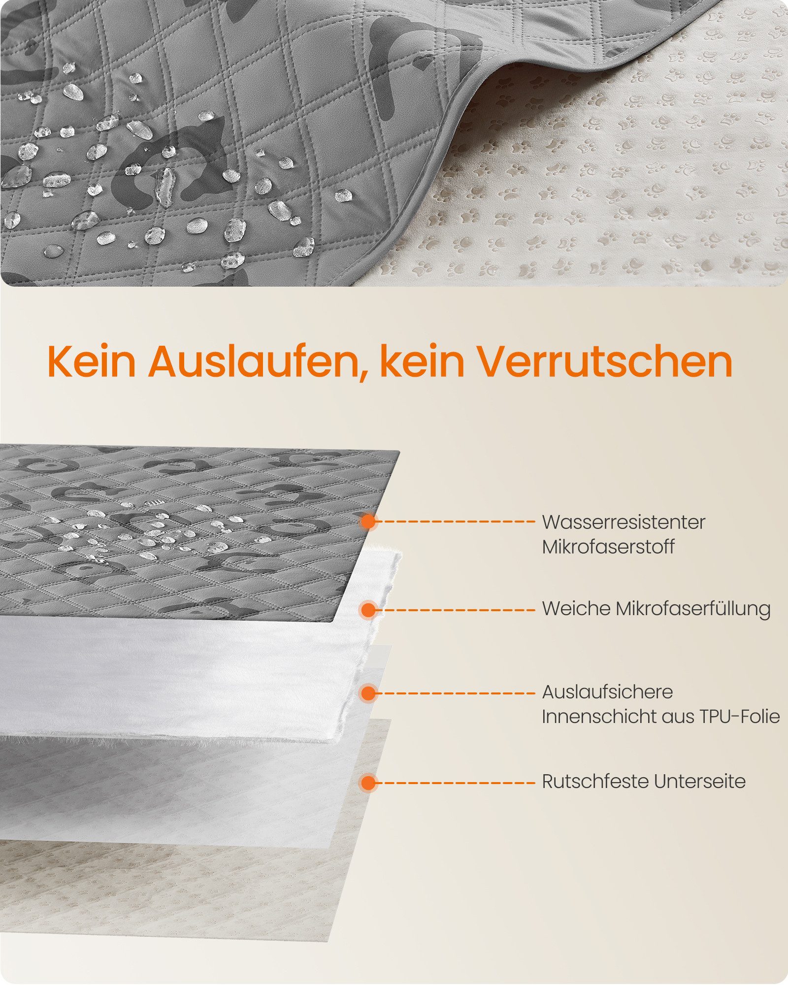 FEANDREA Tierdecke Wasserdichte Hundedecke, Decke, Autoschondecke, Sofaschutz, taubengrau, 127 x 102 cm, maschinenwaschbar, rutschfeste Unterseite, Stepp-Design
