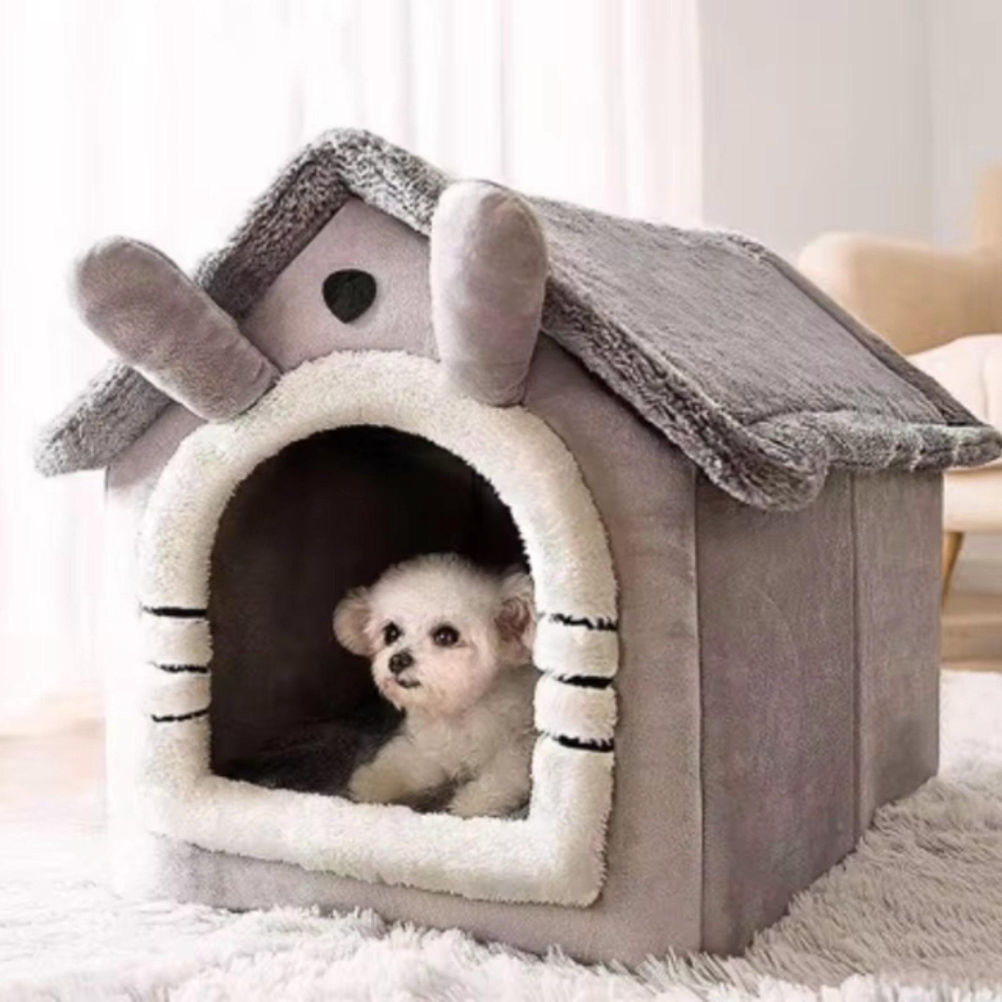 FLOCKI Pets™ Tierhaus Hundehaus, Katzenhaus, Tierhöhle, faltbare Hundehöhle, Tierhaus mit abnehmbaren Liegekissen, weich & flauschig