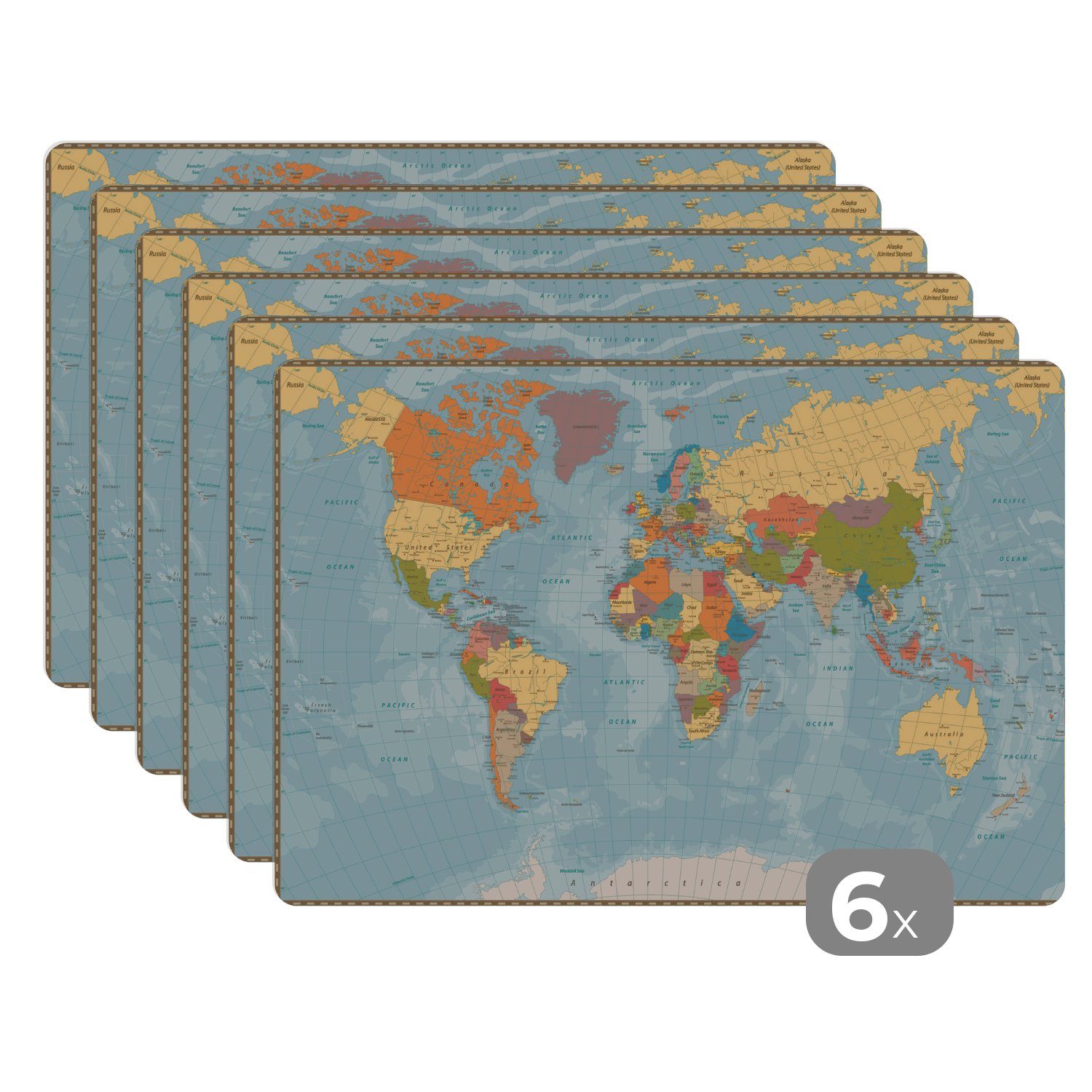 MuchoWow Platzset Weltkarte - Farben - Atlas, (6-St), Platzsets, Tischset, Abwaschbar, Tischsets, Platzdeckchen