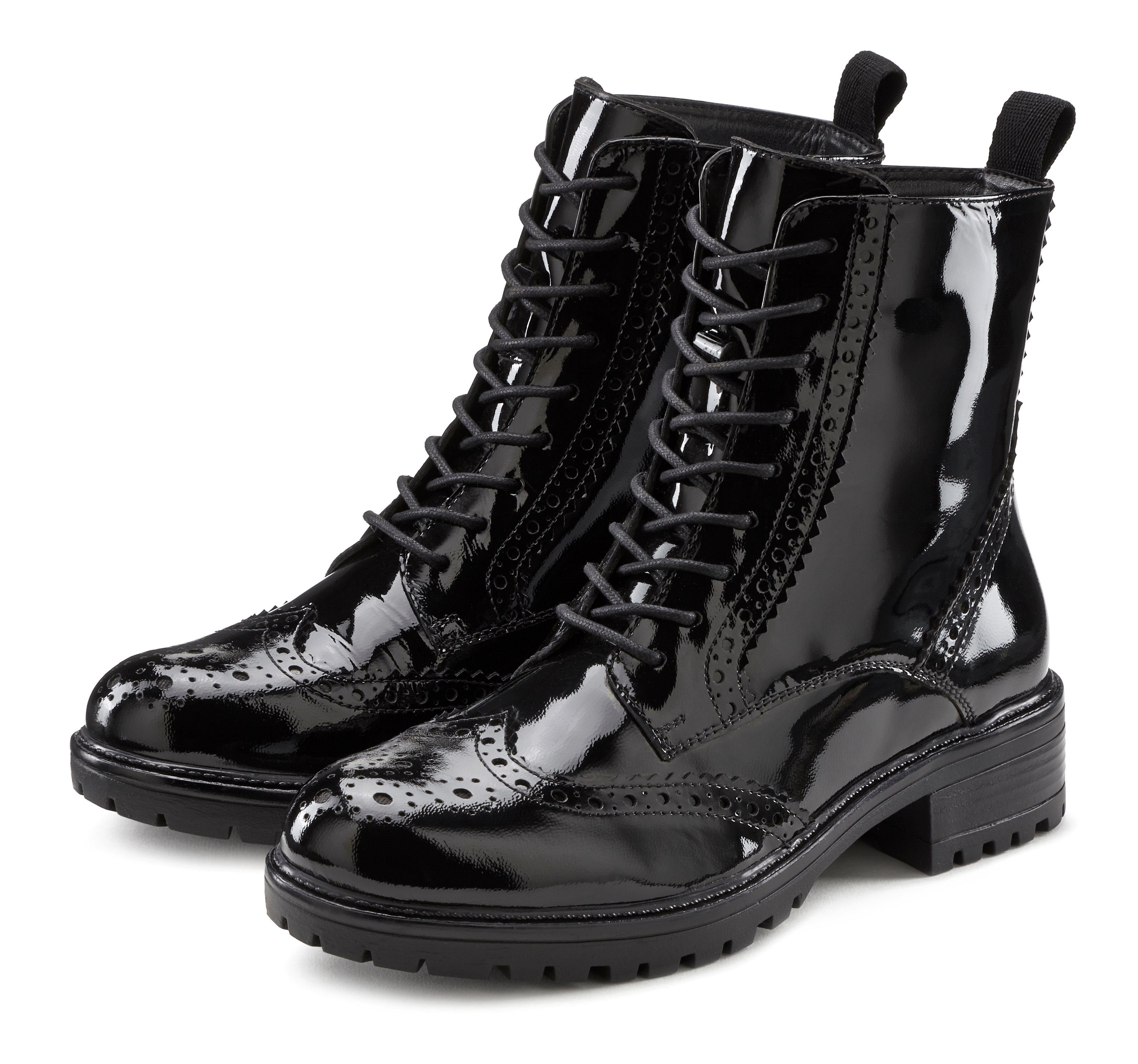 LASCANA Schnürboots Schnürstiefelette, Ankle Schnüren Reißverschluss Boots, schwarz-shiny Leder, &