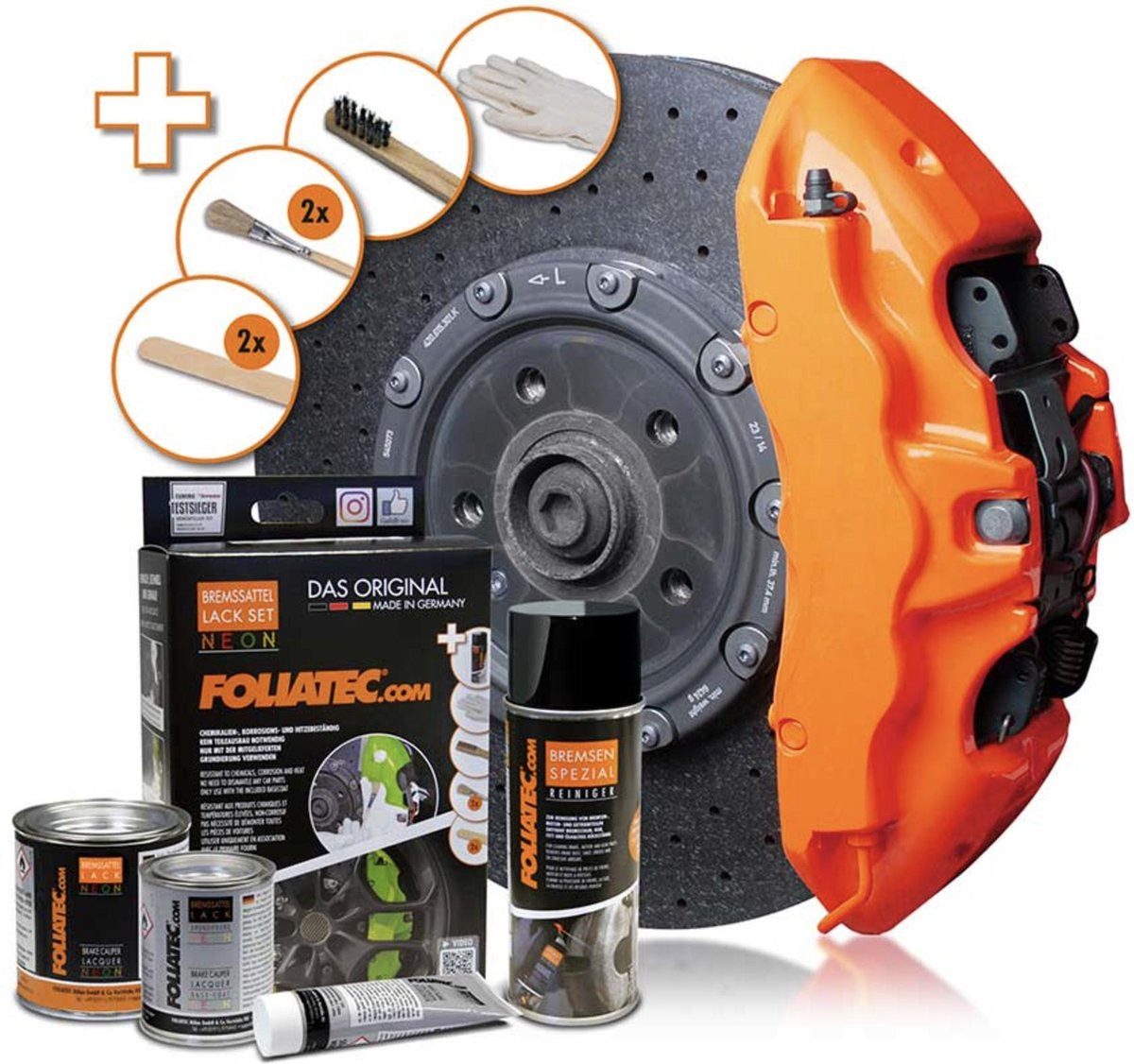 FOLIATEC Scheibenbremssattel Remklauwlakset NEON orange 4 Komponenten, 4 Komponenten, chemische Gefahr, Neon orange