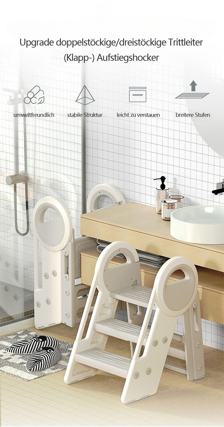 habeig Tritthocker Klappbarer Kindertritt 2-3 Stufen 65 cm Höhe bis 75 kg Kinderleiter, 2-3 Trittstufen einstellbar