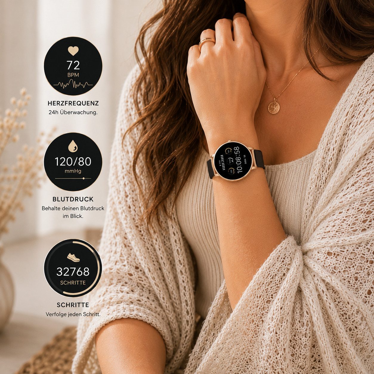 XCOAST SIONA 2 Damen Smartwatch (4,2 cm/1,3 Zoll, iOS und Android) Kostenloses Zusatzarmband enthalten / Gehäuse Rosegold (hell), 4-tlg., - 2in1 PROMOPACK (enthält 2 Mesh Armbänder: Schwarz und Rosegold) -, Wasserdicht/Flach/Puls/Blutdruck/Blutsauerstoff/Sport/Elegant
