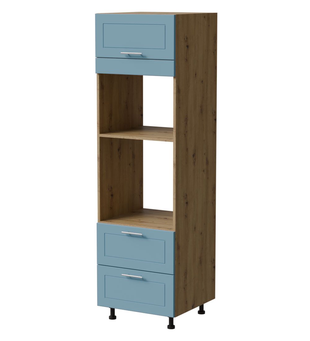 Feldmann-Wohnen Backofenumbauschrank Bari (D14/RU/2R-284, 2 Gerätefächer, 2 Schubladen, REJS Comfortbox Vollauszug, 1-St., moderne Kassettenoptik, lackierte Fronten, 60x59x207cm) Eiche Artisan / RAL 5024 pastellblau matt