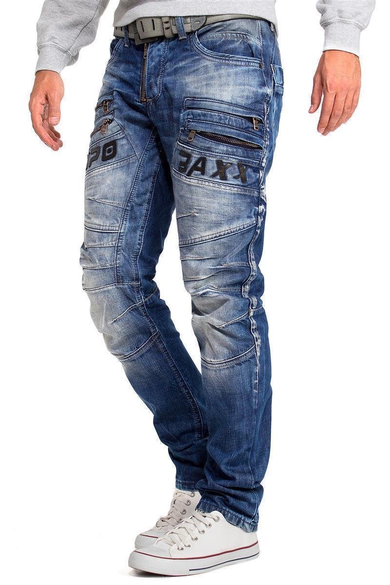 Cipo & Baxx Regular-fit-Jeans Herren Regular Fit Hose Stonewashed BA-CD491 (1-tlg) mit Kontrastnähten in Orange/Weiß – Bild 3 von 5