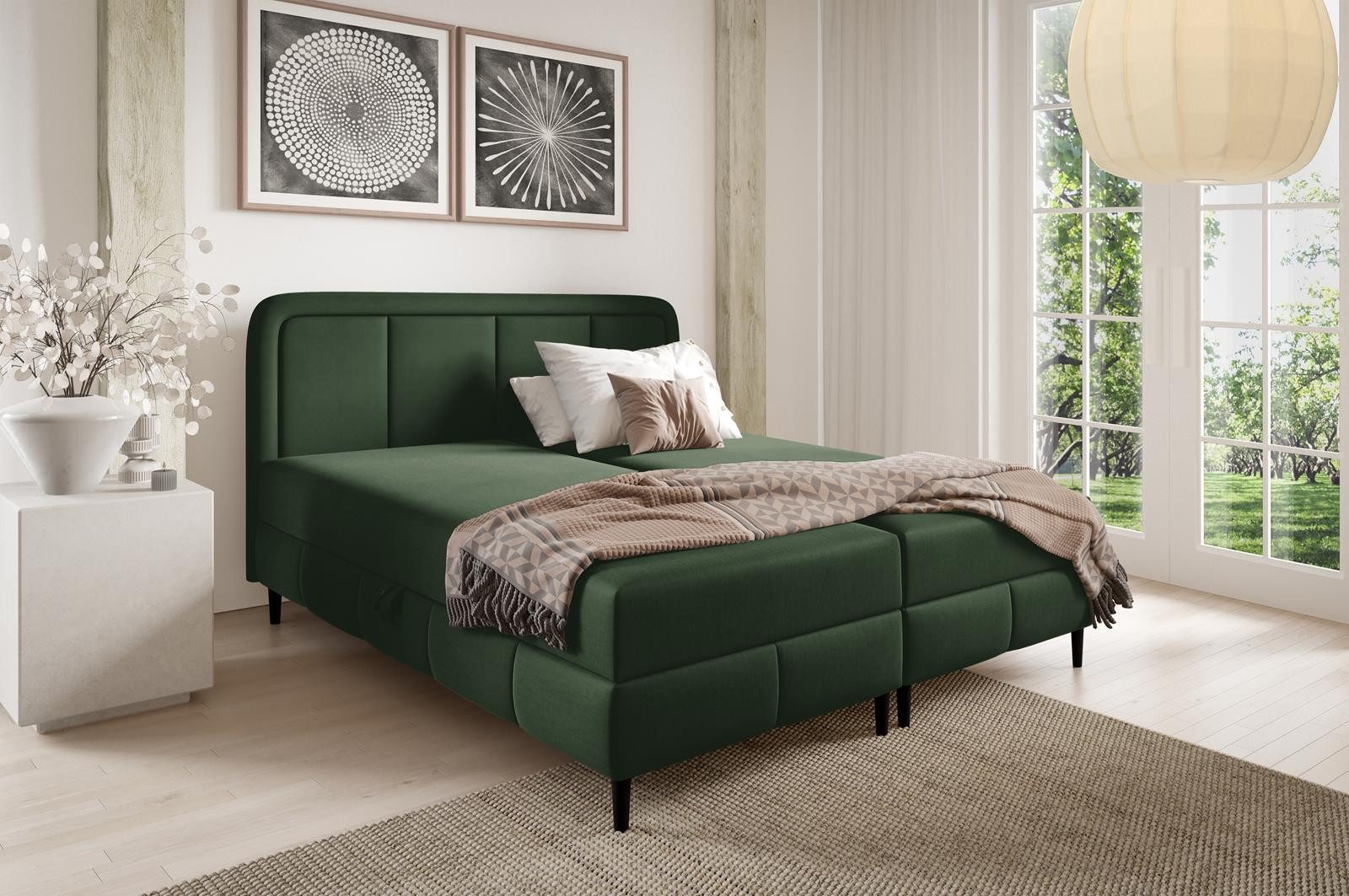 Compleo Boxspringbett auf hohen Füßen, Doppelbett, skandinavischer Stil, Veloursstoff
