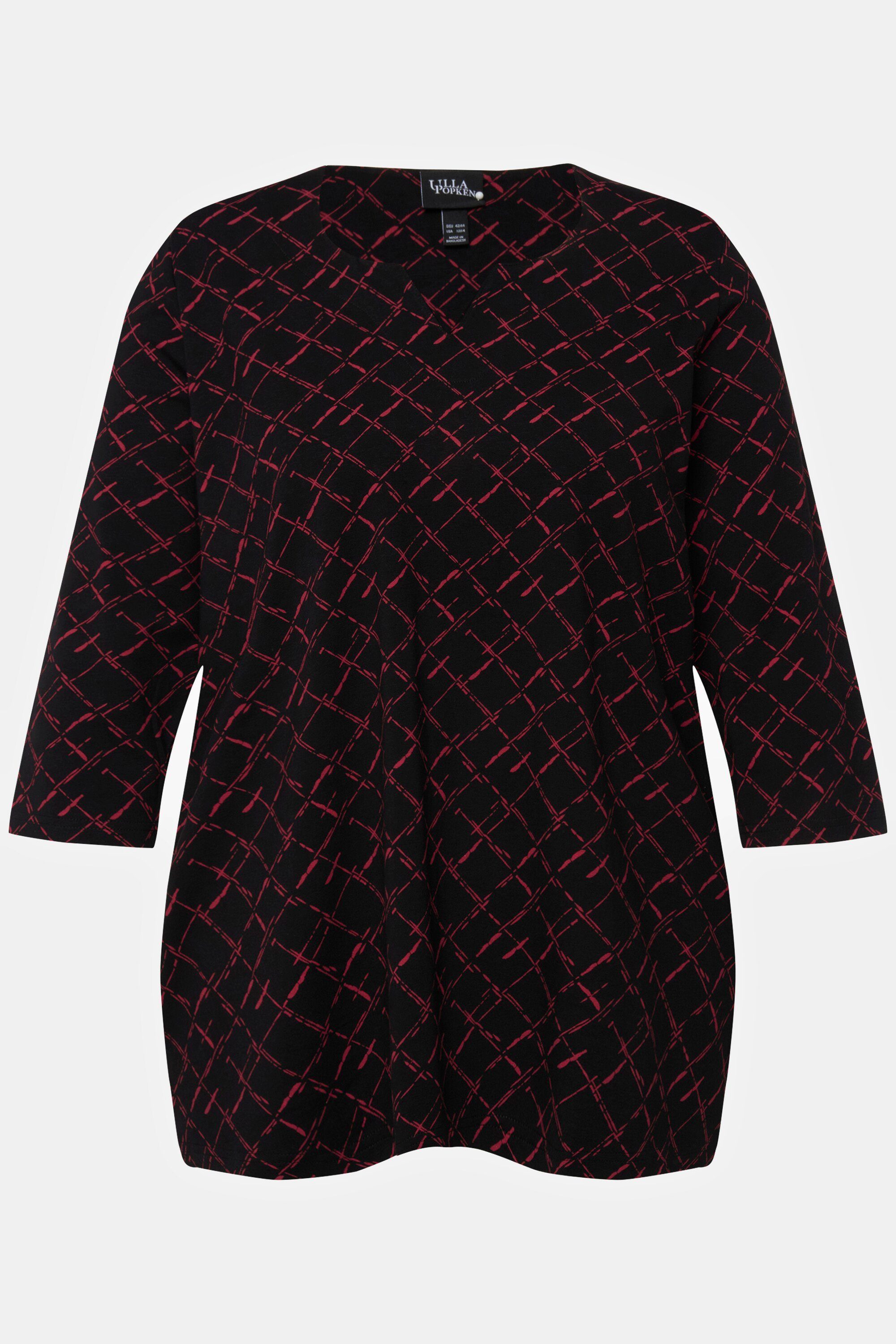 Rundhalsshirt A-Linie Popken 3/4-Arm Ulla Karo Shirt Tunika-Ausschnitt rot