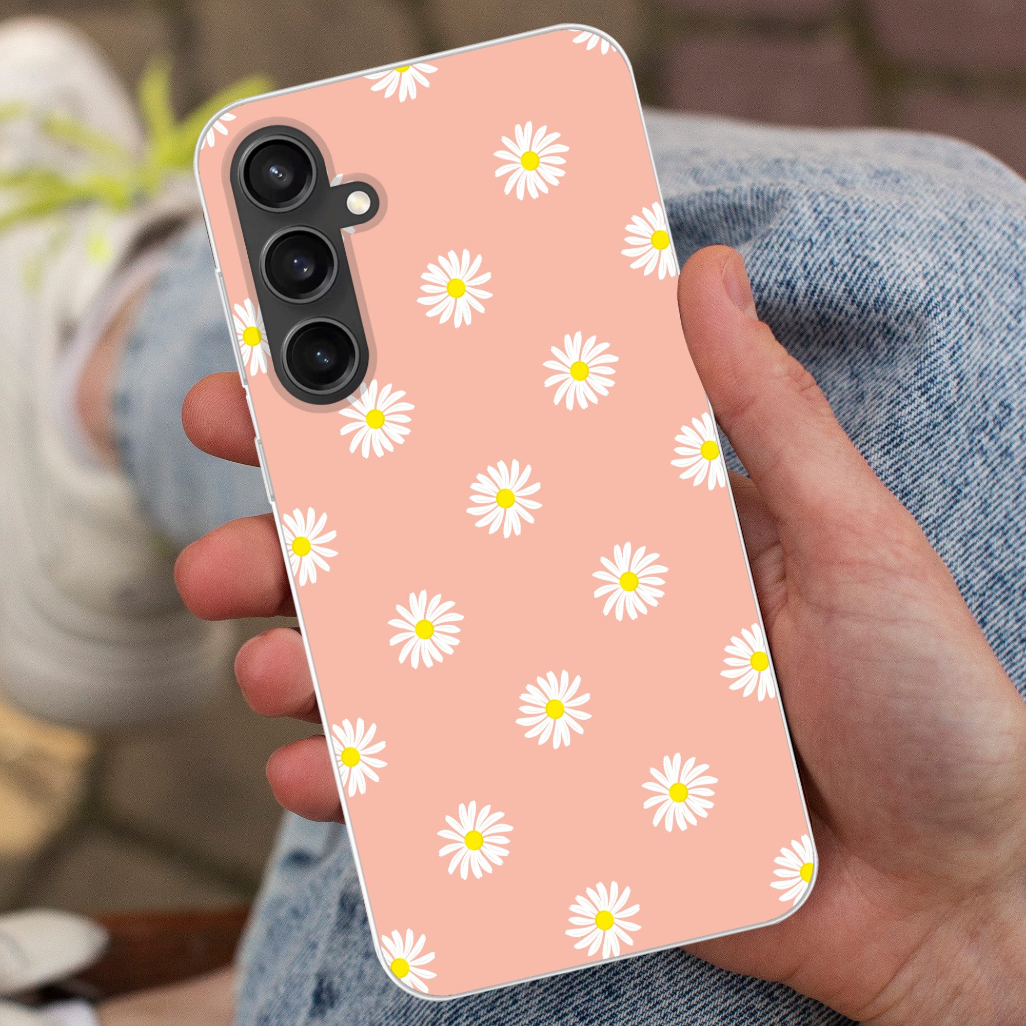 MuchoWow Handyhülle für Samsung Galaxy S23 FE Gänseblümchen - Pastell - Weiß - Rosa - Blum