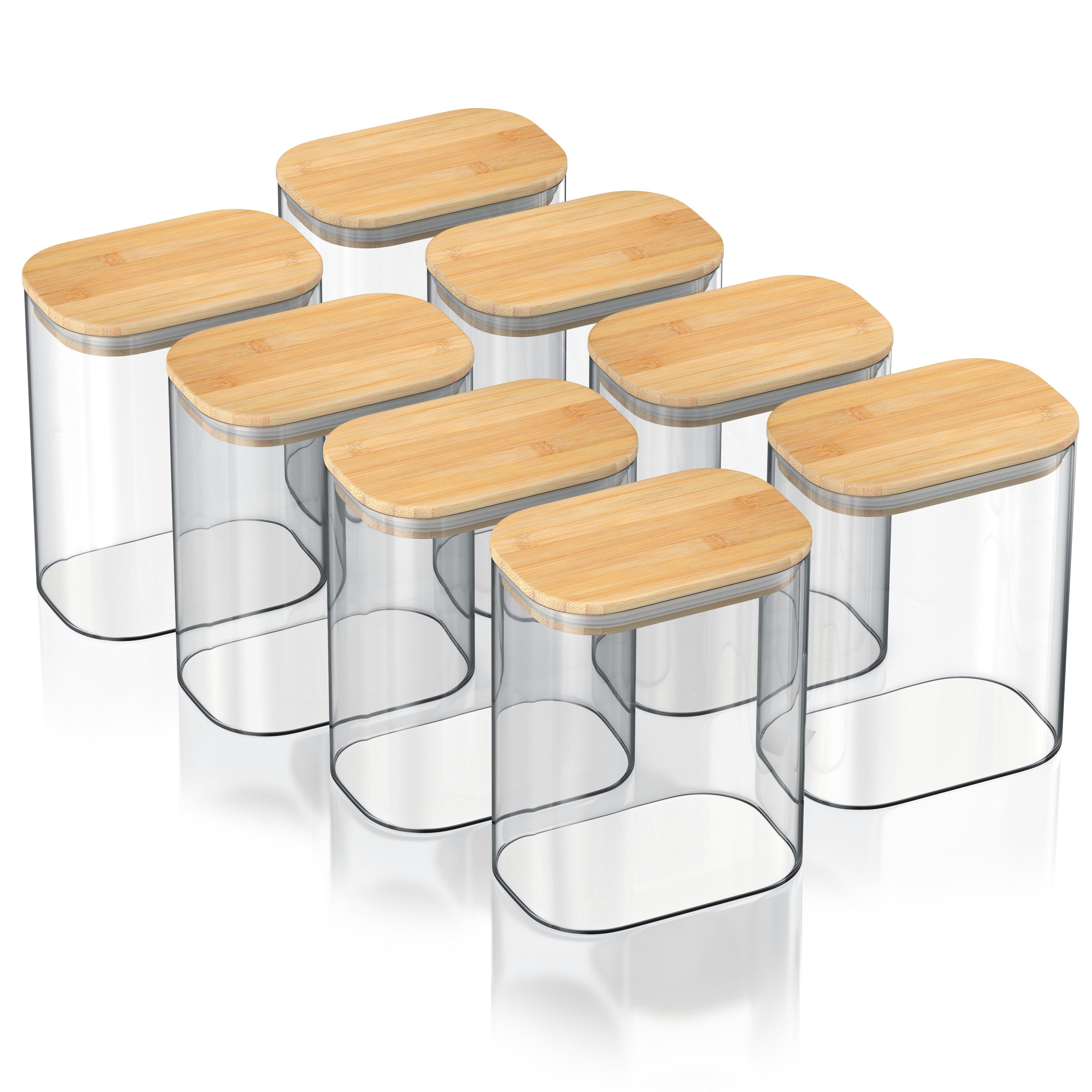 Arendo Vorratsglas eckig mit Bambusdeckel und Silikondichtung, luftdicht, Borosilikatglas, (Packung, 8-tlg., 8 x 1200 ml), Glas gefrier-, mikrowellen- & spülmaschinenfest, -40 bis +400 °C