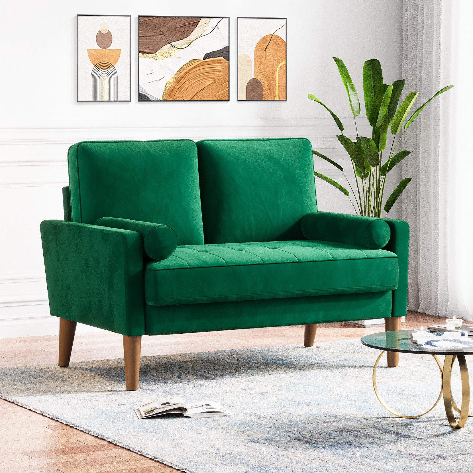 2-Sitzer 121CM Kleine Samt Sofa mit 2 Kissen für Wohnzimmer, Schlafzimmer