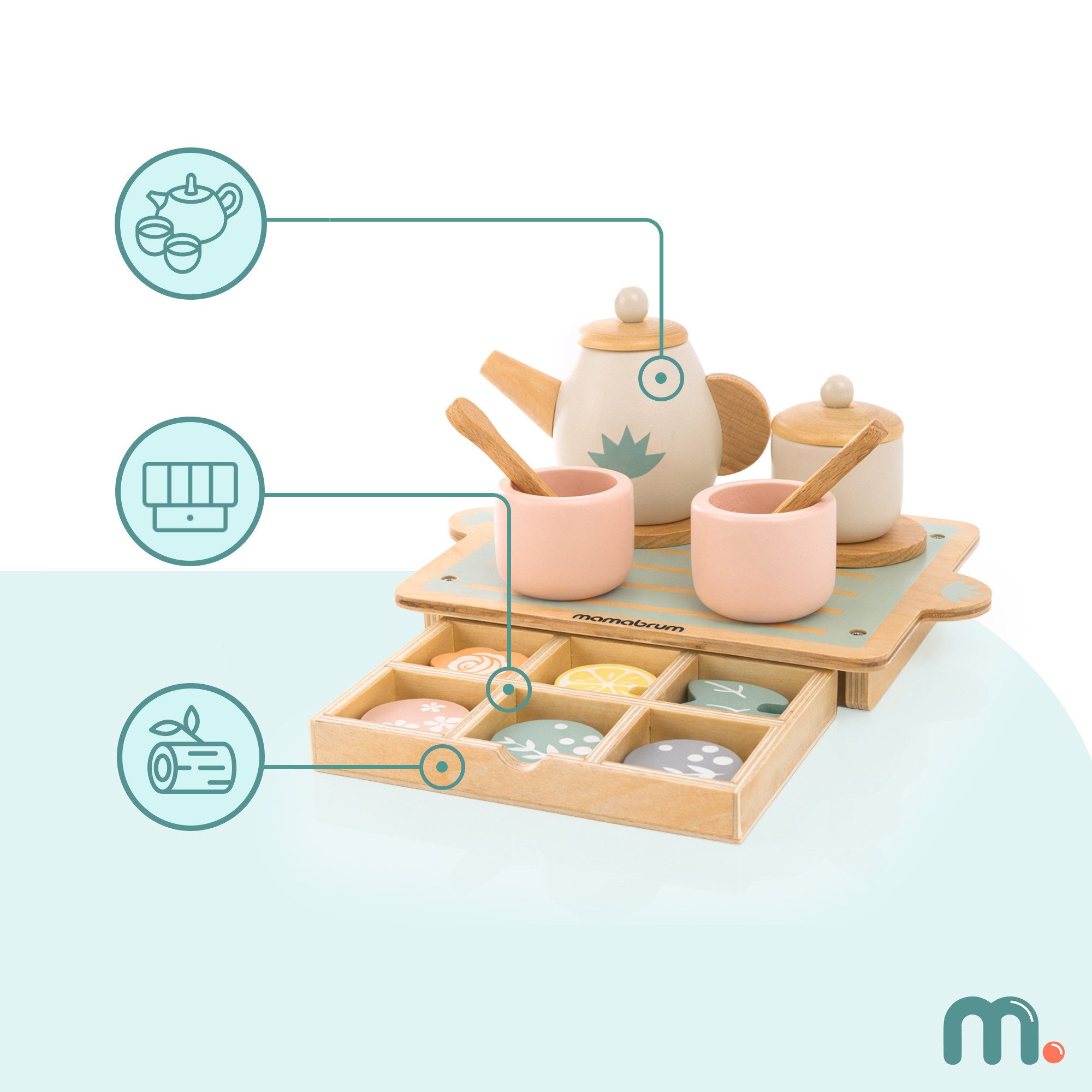 Mamabrum Spielküche Mamabrum Holz Teeservice Kinder 18 tlg Spielset mit Tablett Wood, MDF, Functional Storage Tray