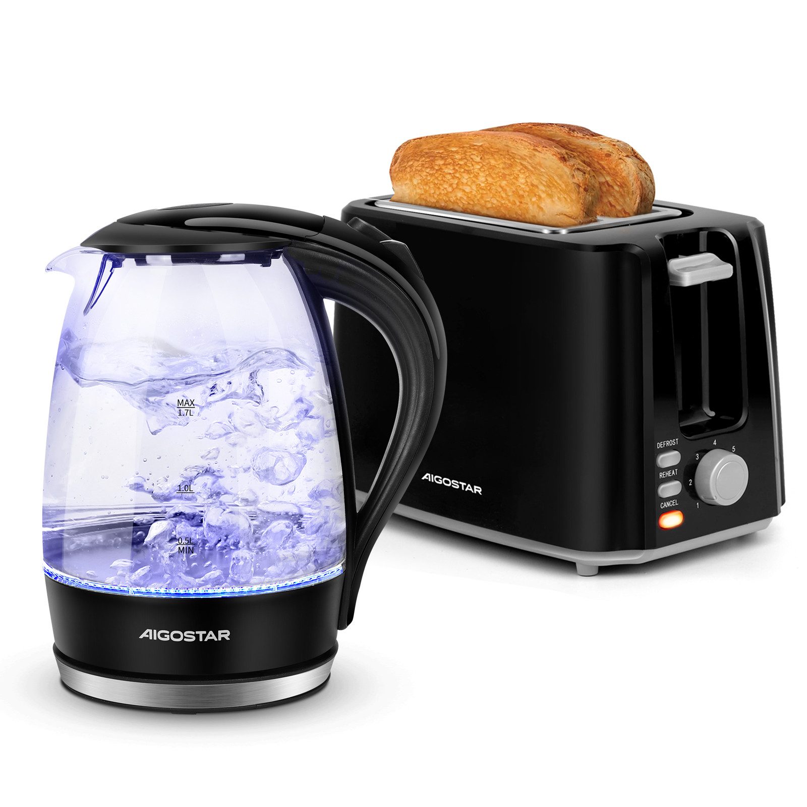 Frühstücks-Set (2-tlg), Wasserkocher 1,7L / 2-Scheiben Langschlitz Toaster, Schwarz