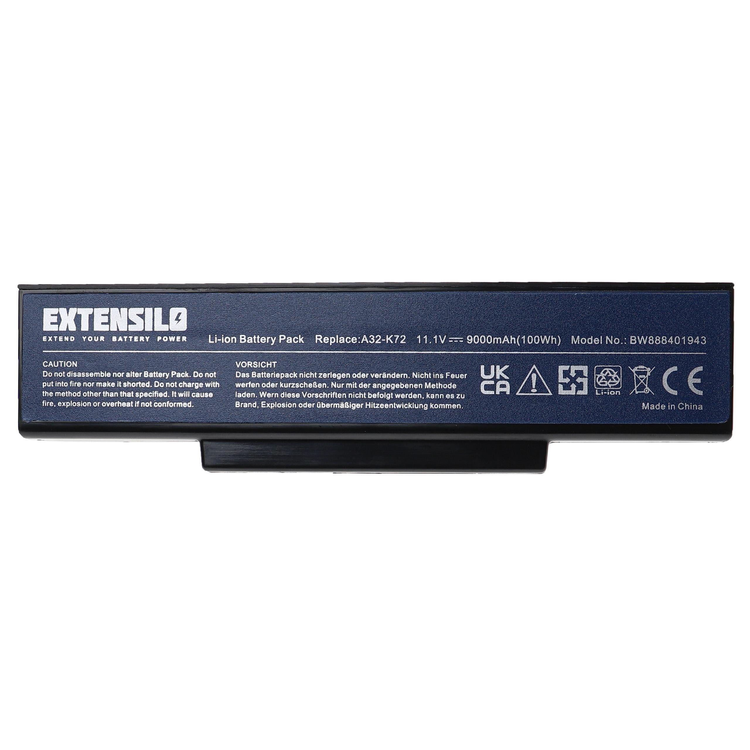 Extensilo kompatibel mit Asus X77JQ, X77JV X77JG, X77JO, X77VG, mAh X77V, (11,1 Laptop-Akku V) Li-Ion X77VN, 9000