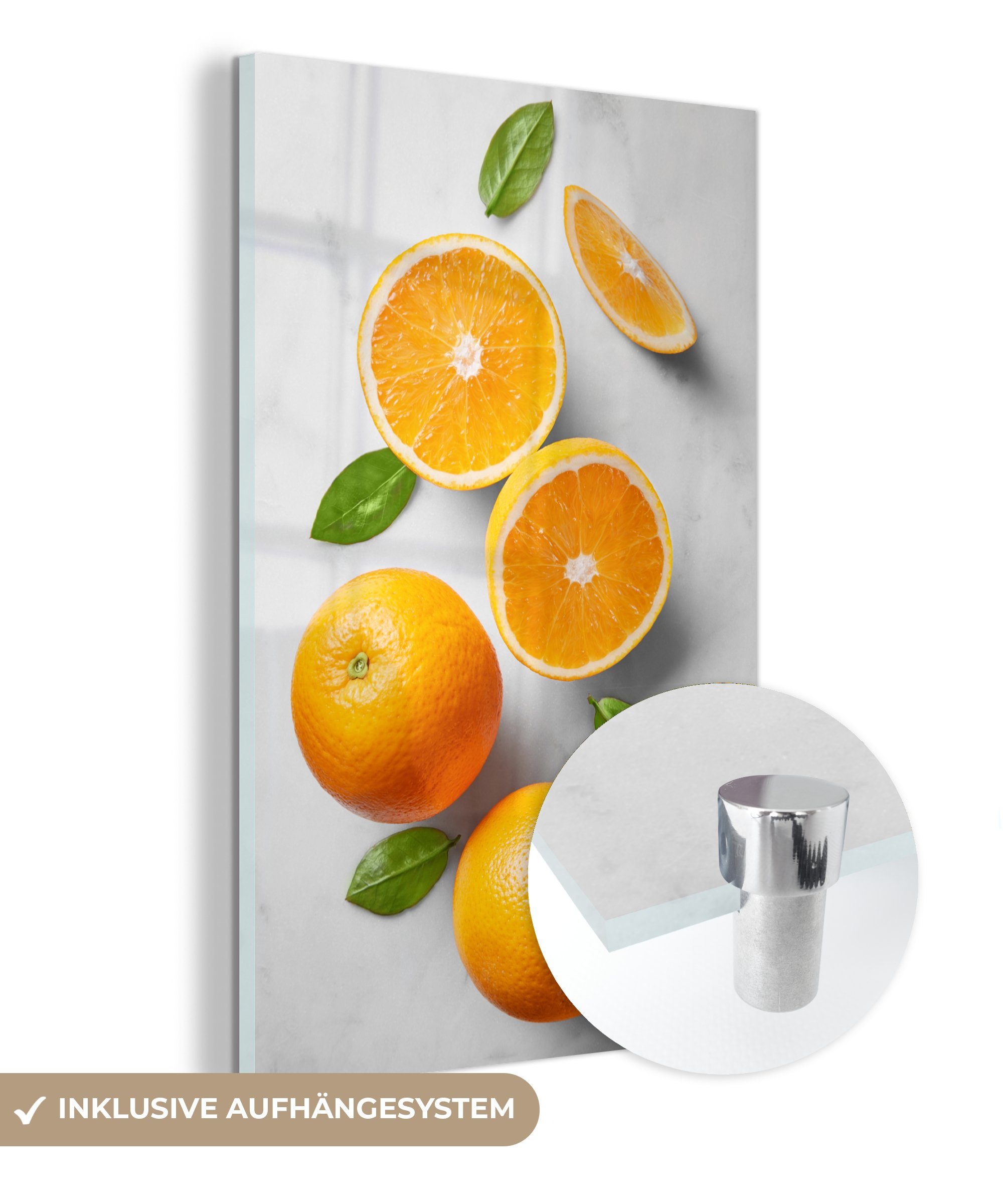 MuchoWow Acrylglasbild Orange - Obst - Marmor, (1 St), Glasbilder - Bilder auf Glas Wandbild - Foto auf Glas - Wanddekoration