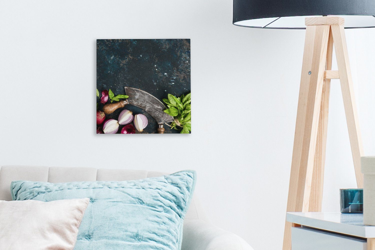 OneMillionCanvasses® Leinwandbild Gemüse Leinwand Rustikal, Kräuter - - Gewürze Wiegemesser Wohnzimmer - (1 St), für Zwiebel Schlafzimmer Bilder - 