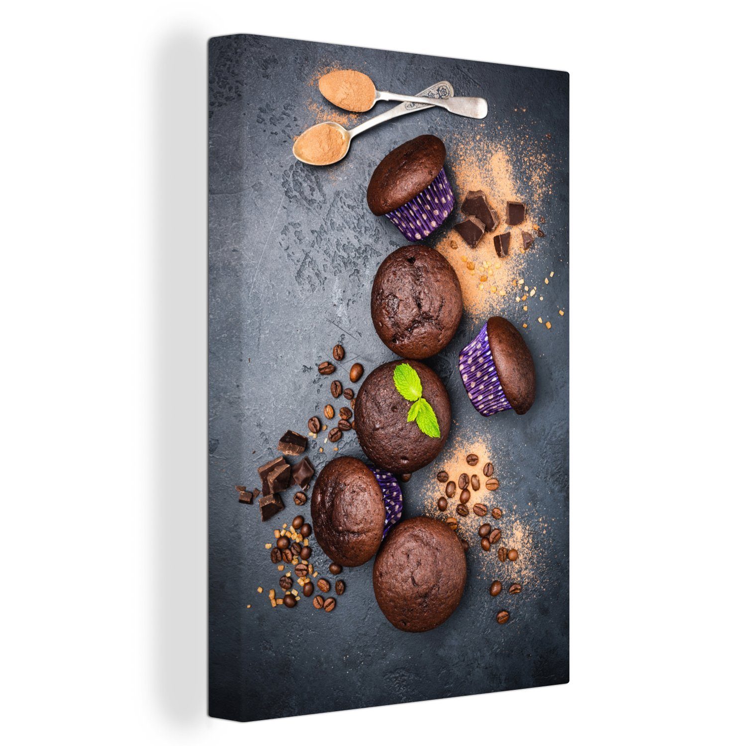 OneMillionCanvasses® Leinwandbild Draufsicht auf das Essen mit Schokoladenmuffins, (1 St), Leinwandbild fertig bespannt inkl. Zackenaufhänger, Gemälde, 20x30 cm