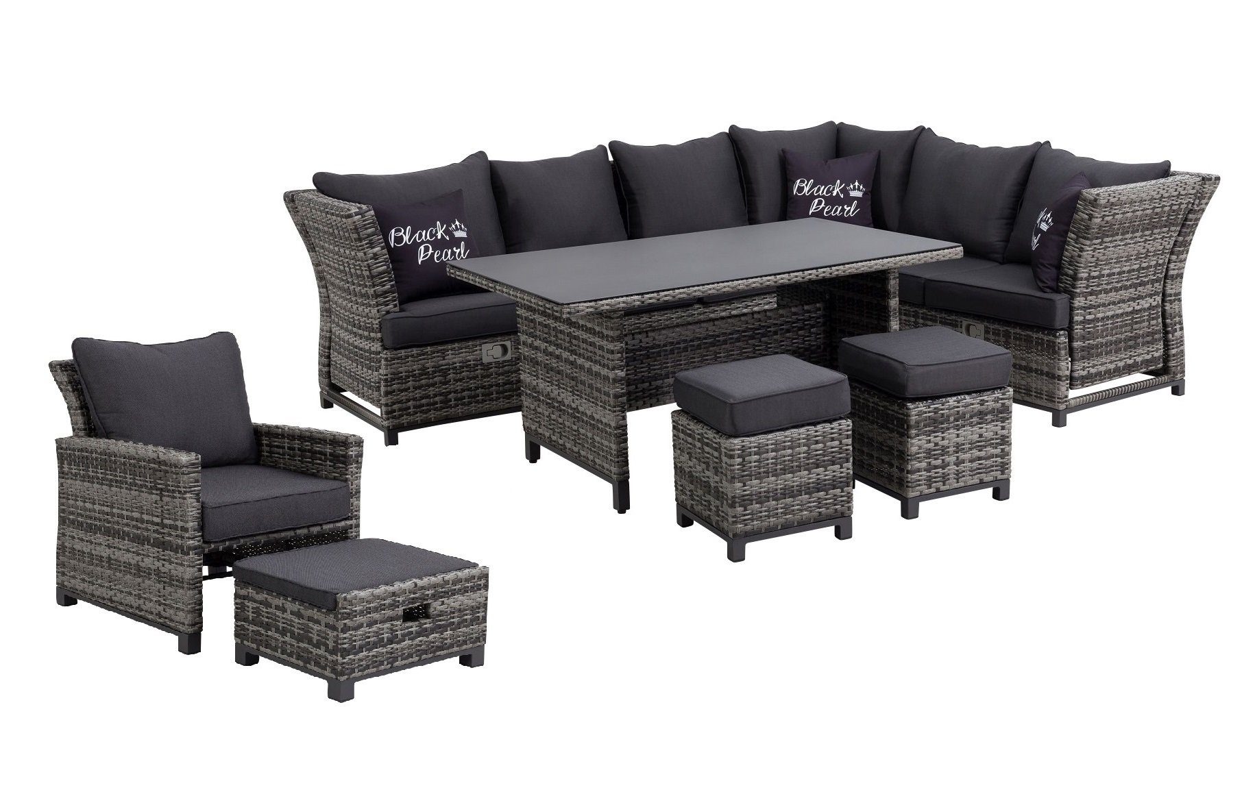 MANDALIKA Garden Gartenlounge-Set 3 in 1 Dining Polyrattan Lounge "Santa Cruz XL", flexibel stellbar, verstellbare Armlehne, inkl. Sessel mit Hocker