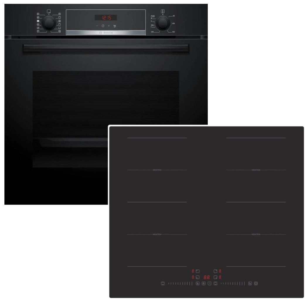 BOSCH Backofen-Set Pyrolyse 3D-Heißluft + PKM Induktionskochfeld Flex-Zonen autark 60cm