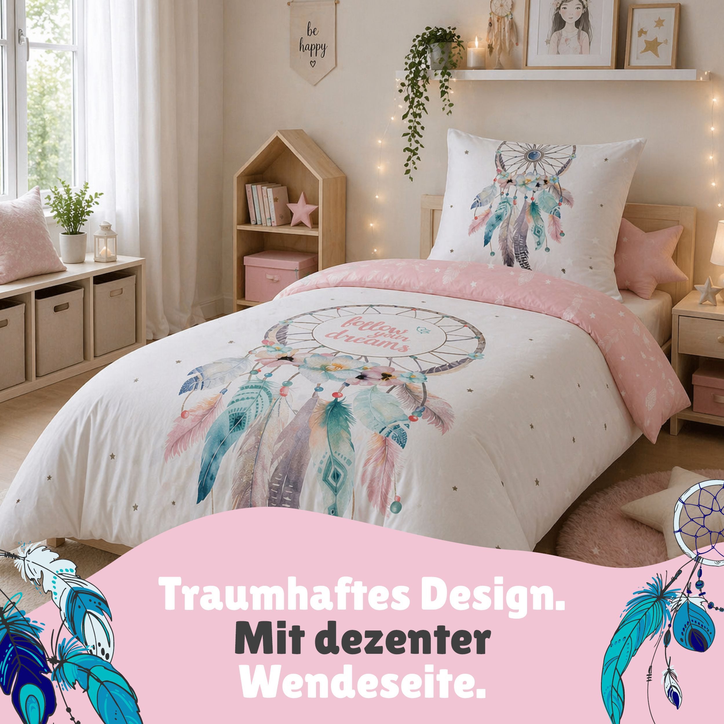 Familando Bettwäsche Dreamcatcher Traumfänger 135x200 80x80 cm Flanell mit Reißverschluss, Flanell, 2 teilig, für Kinder und Erwachsene im Bohemian Boho Style Rosa