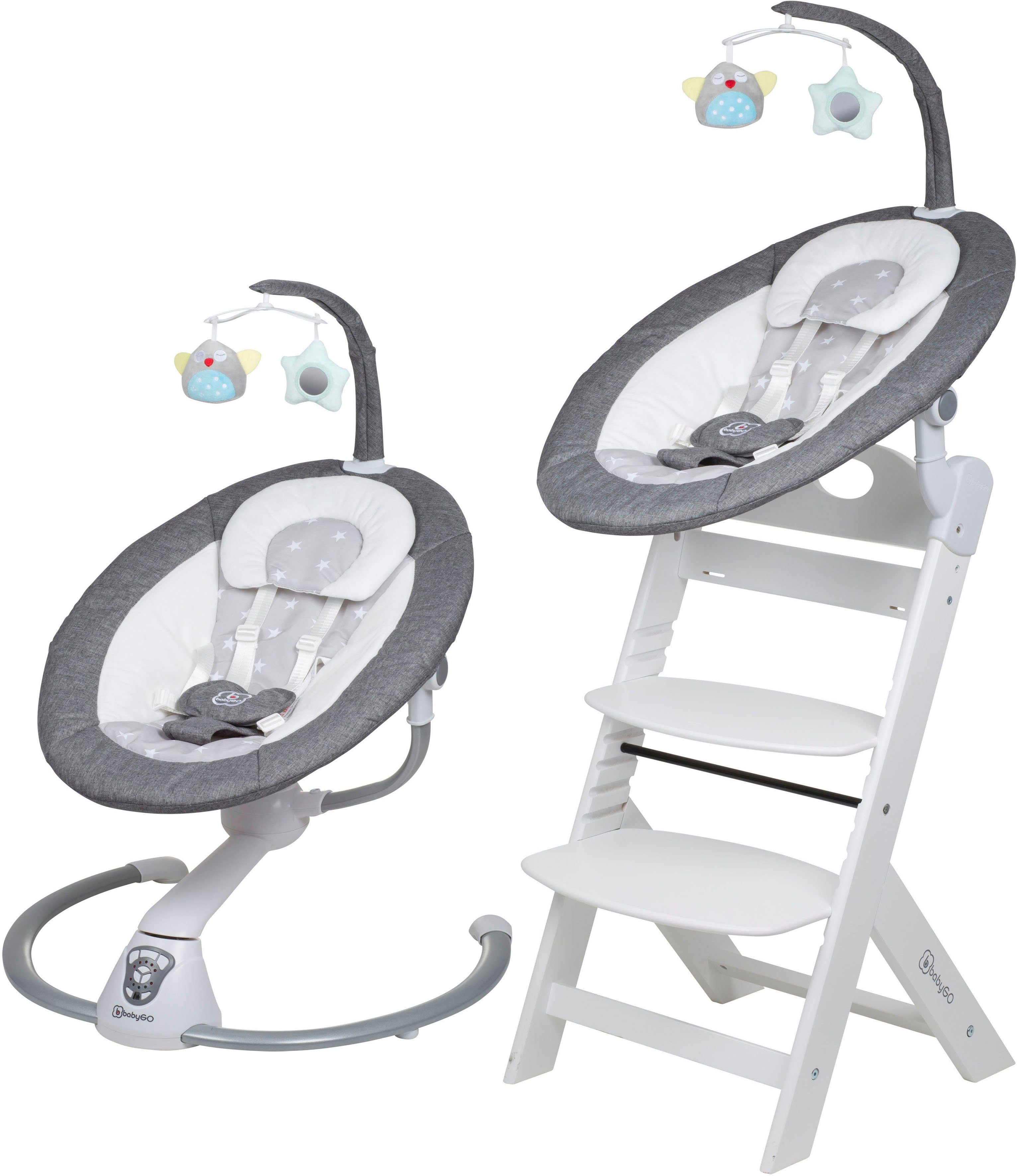 BabyGo Hochstuhl Family Homey Set, weiß/hellgrau, mit elektrischer Babywippe inkl. Spielbogen