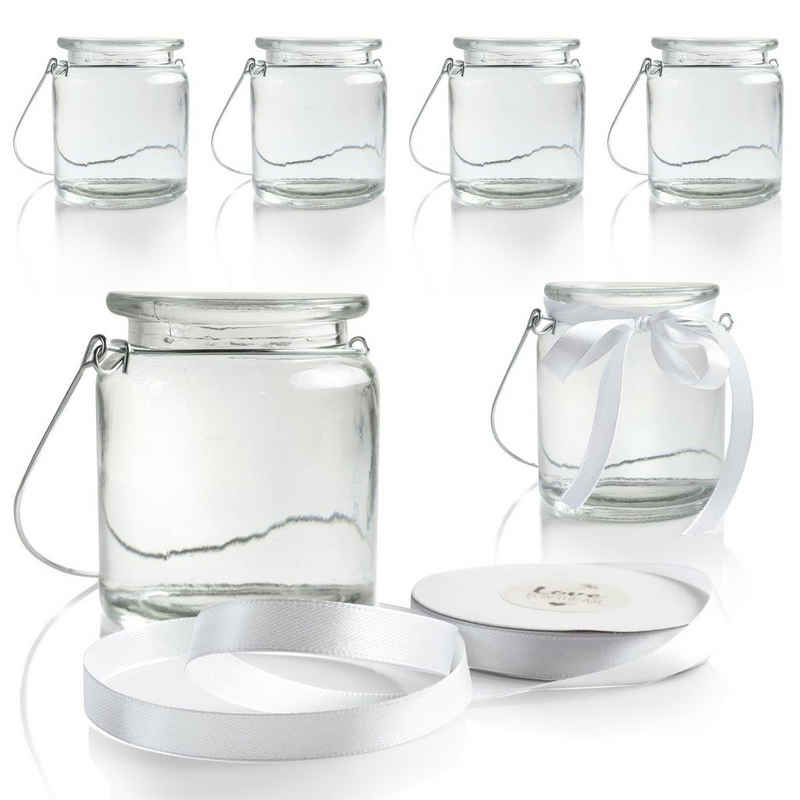 WeddingTree Windlicht 6x Windlicht Glas (6er Set), mit Bügel und Dekoband weiß - Teelichtgläser - Einfach Abnehmbarer Metallbügel - Deko für Hochzeit