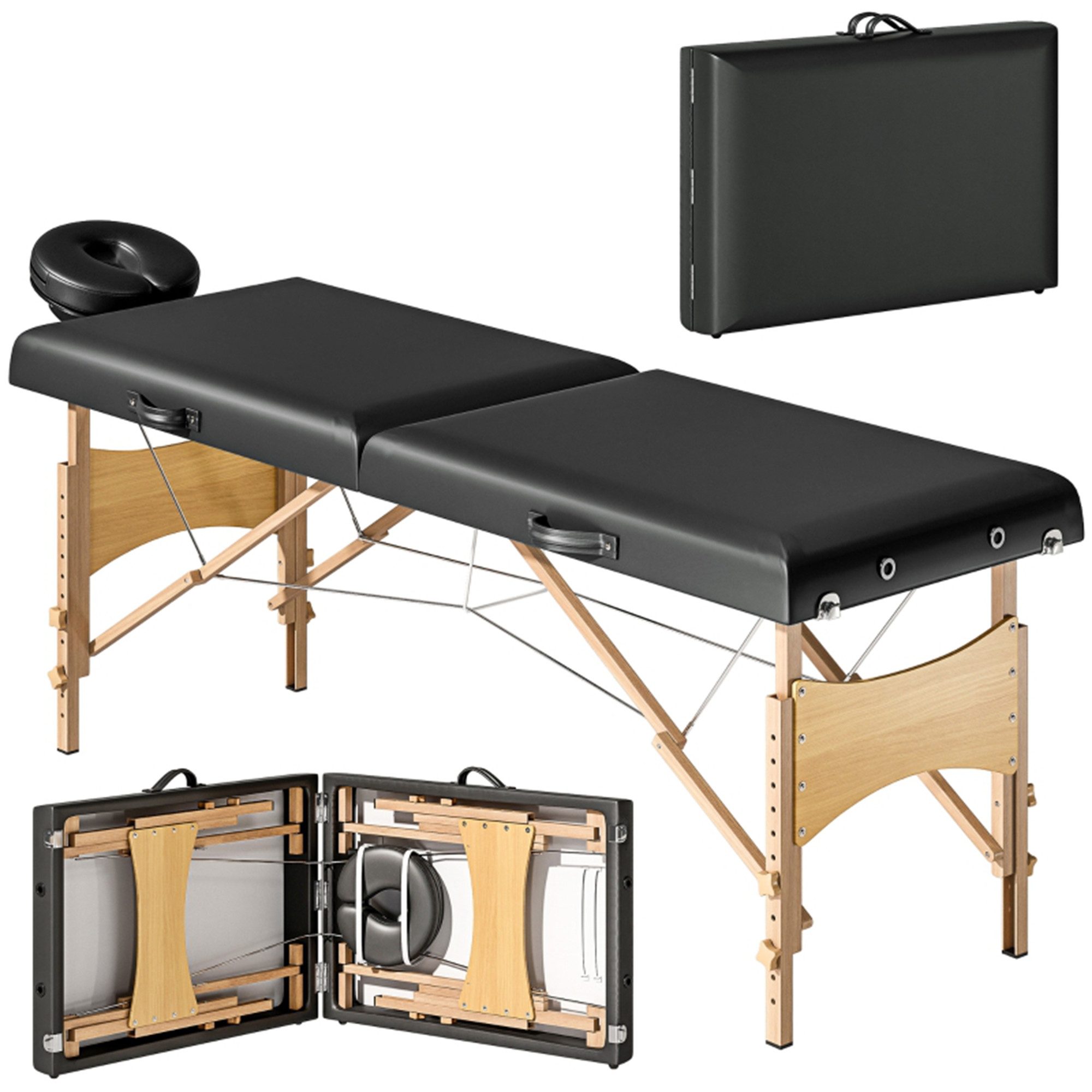 MC Star Massageliege 2 Zonen Klappbar Massagetisch Höhenverstellbar Massagebank (70 cm Breit mit Kopfstütze, Holzfüßen Massagebett Kosmetikliege Schwarz)