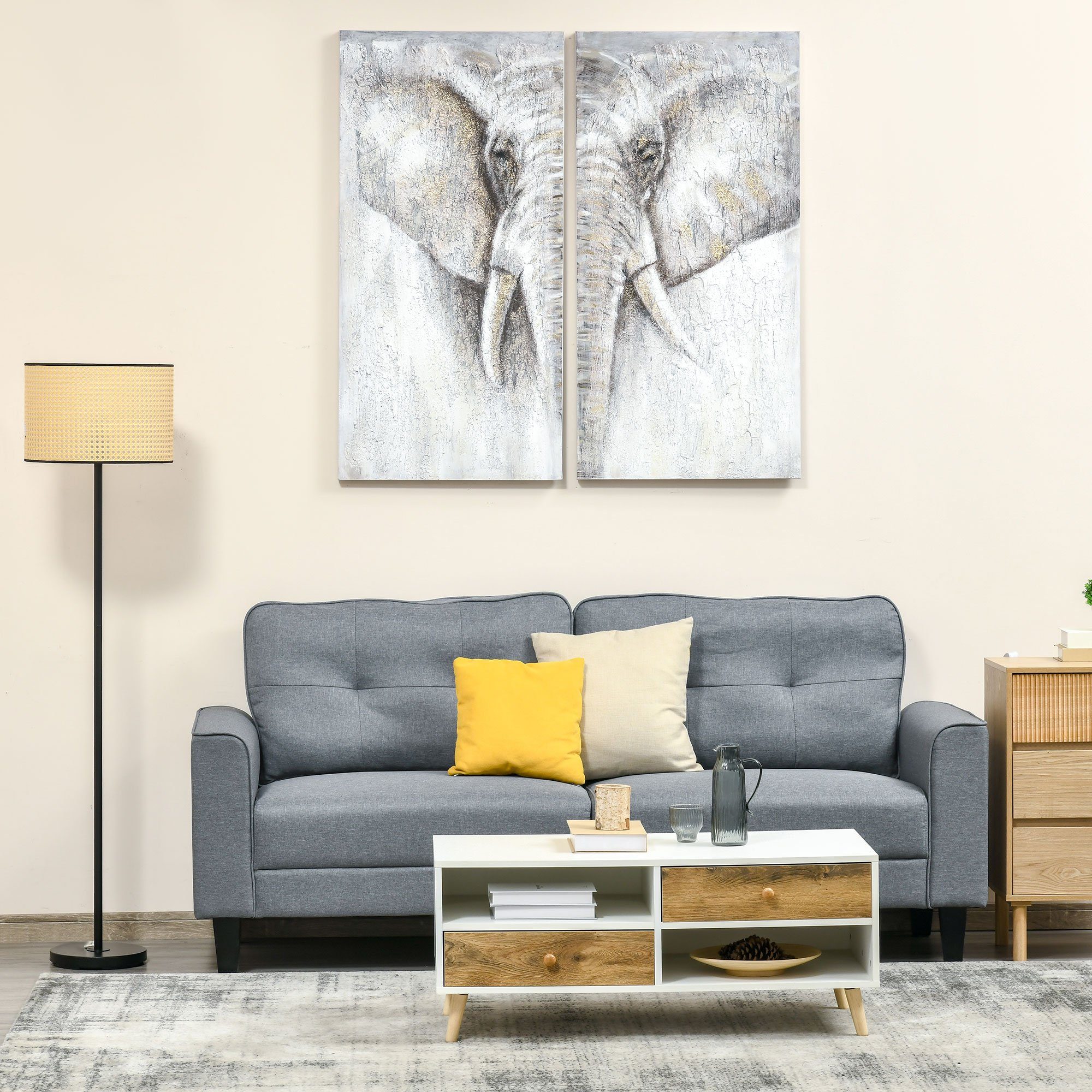 HOMCOM Wandbild Wandkunst, 'Elefant' Canvas Art Wand 2er-Set Wohnzimmer-Kunst Wandbilder Gemälde