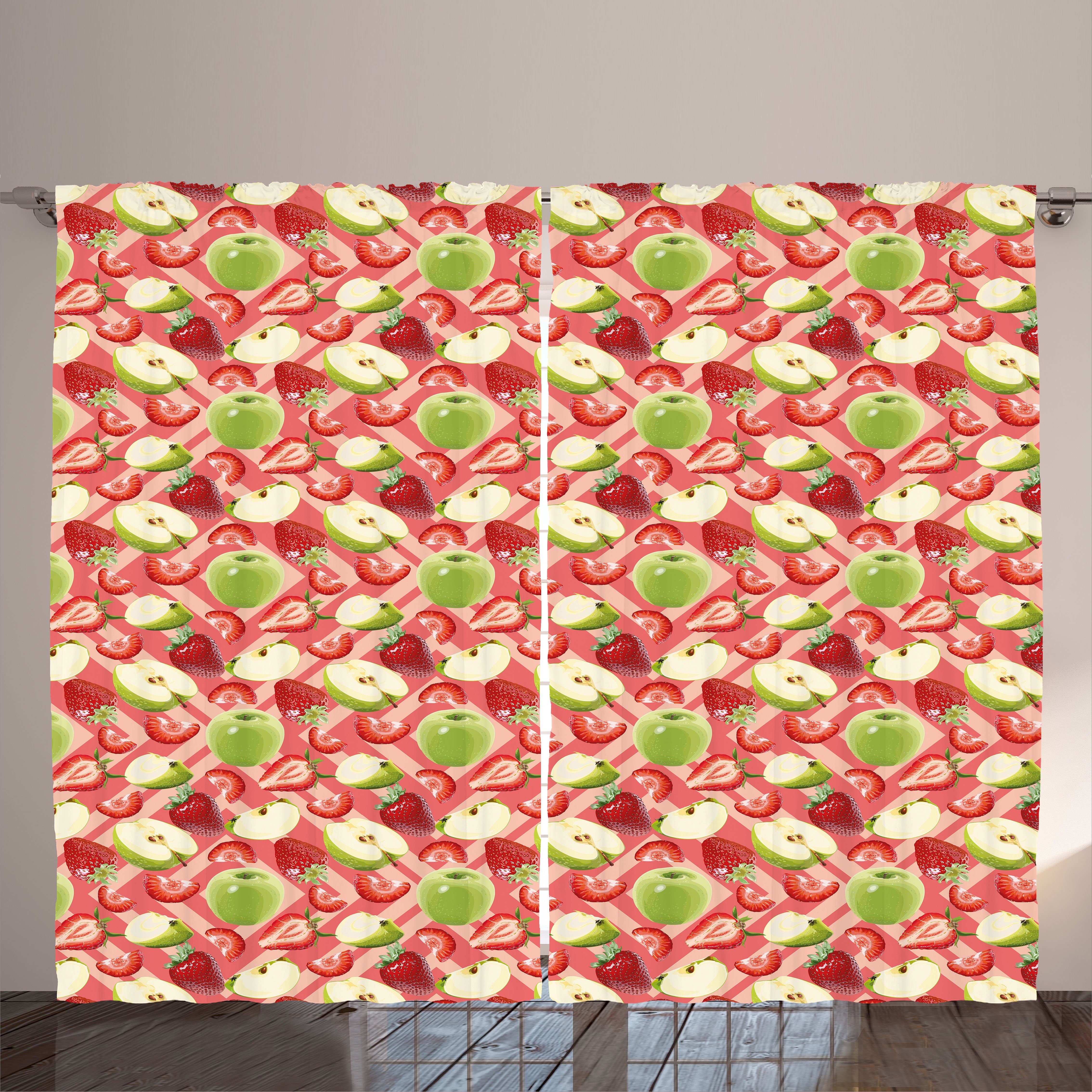 Gardine Schlafzimmer Kräuselband Vorhang mit Schlaufen und Haken, Abakuhaus, Obst Äpfel und Erdbeeren Bild | Fertiggardinen
