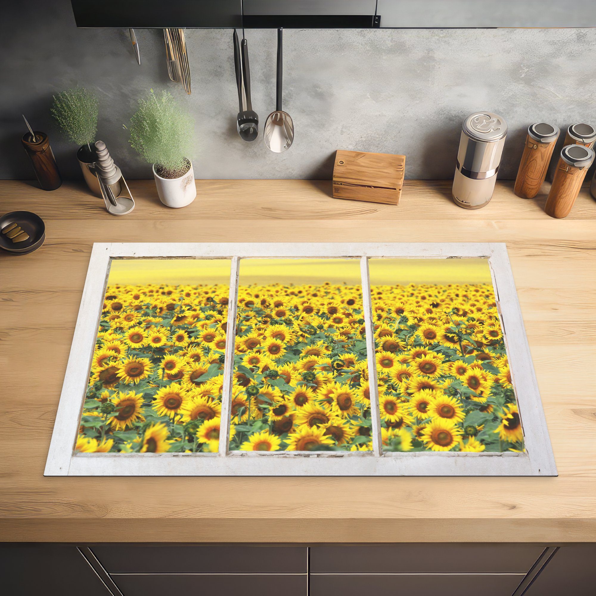 MuchoWow Herdblende-/Abdeckplatte Transparent - Sonnenblume Schutz (1 - 81x52 Induktionskochfeld Ceranfeldabdeckung Gelb, tlg), küche, für die cm, Vinyl