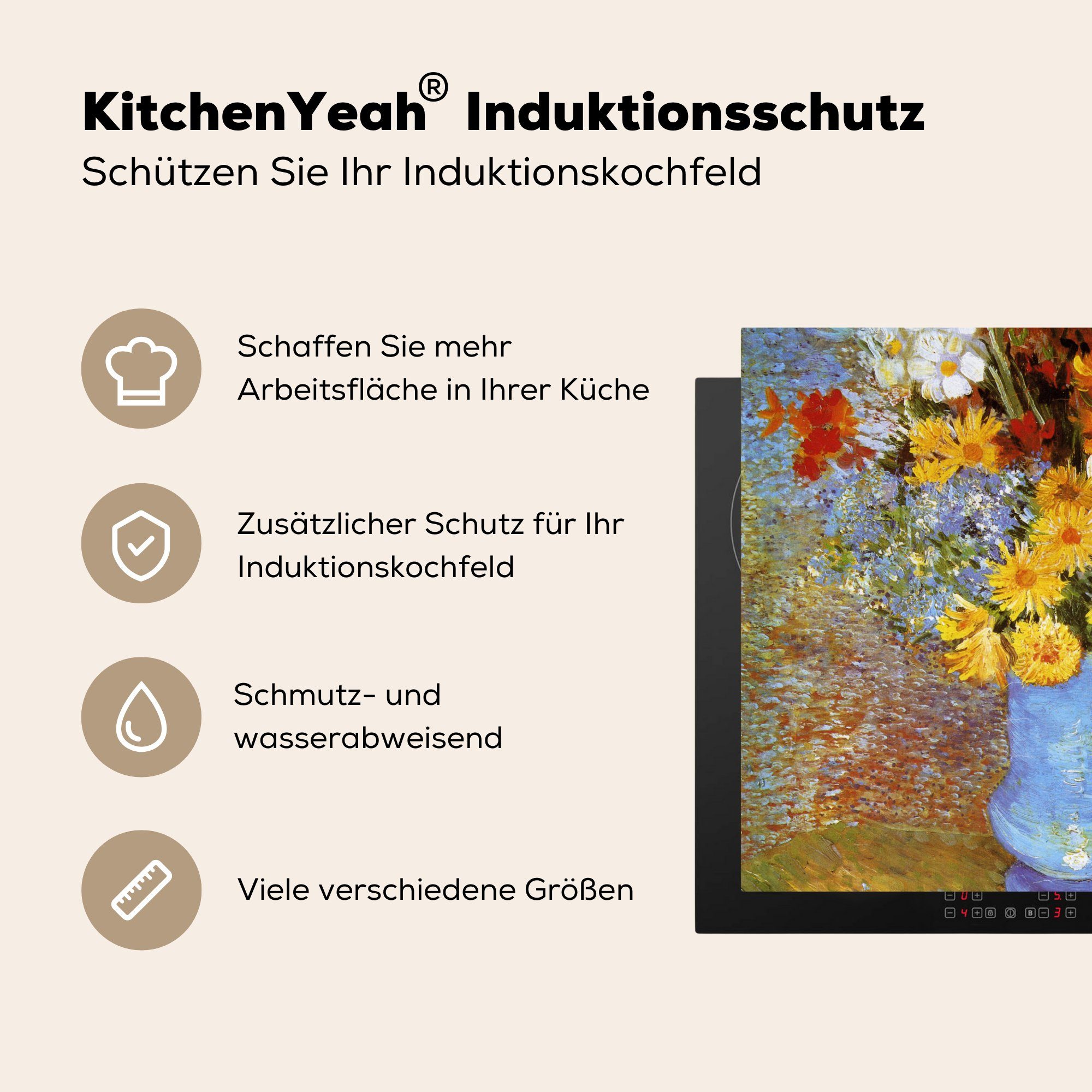 MuchoWow Herdblende-/Abdeckplatte Vase mit Gänseblümchen und Vincent Vinyl, küche cm, Arbeitsplatte 78x78 van Ceranfeldabdeckung, - Anemonen Gogh, (1 tlg), für