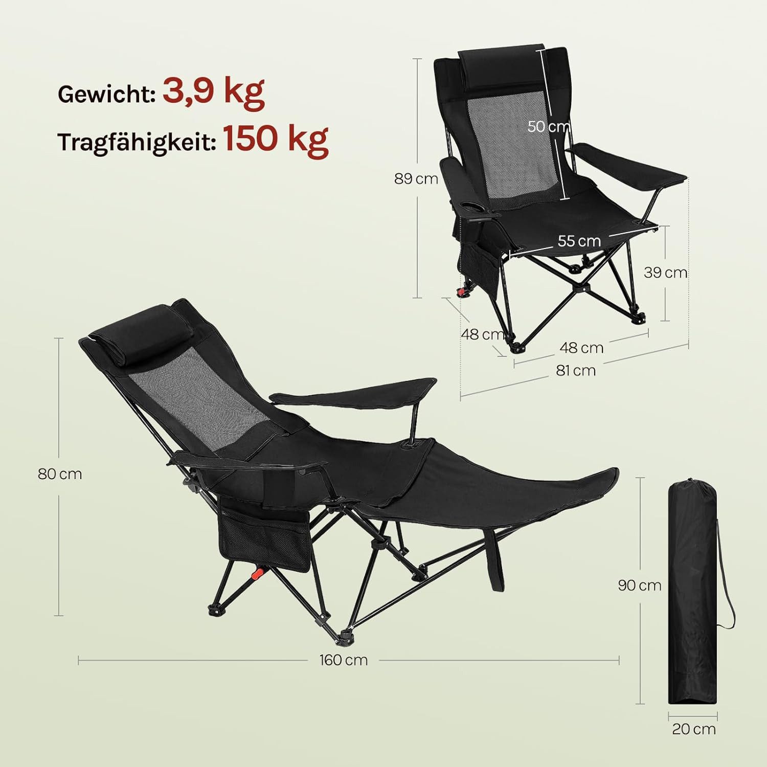 Woltu Campingstuhl (1 St), mit Fußablage, 3 Positionen Verstellbar bis 150 kg belastbar