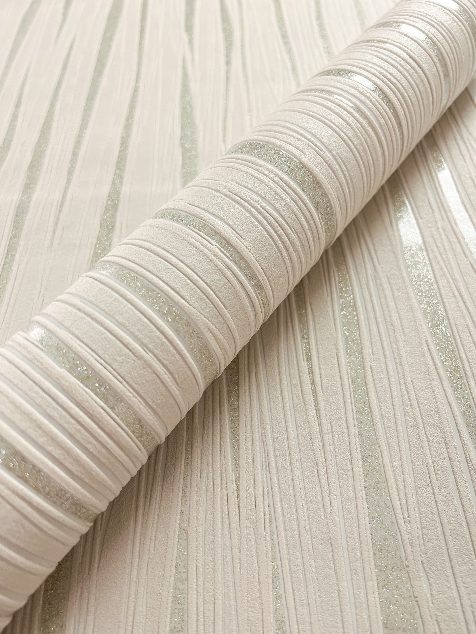 Newroom Vliestapete, Creme Tapete Streifen Linien - Glitzertapete Geschwung günstig online kaufen