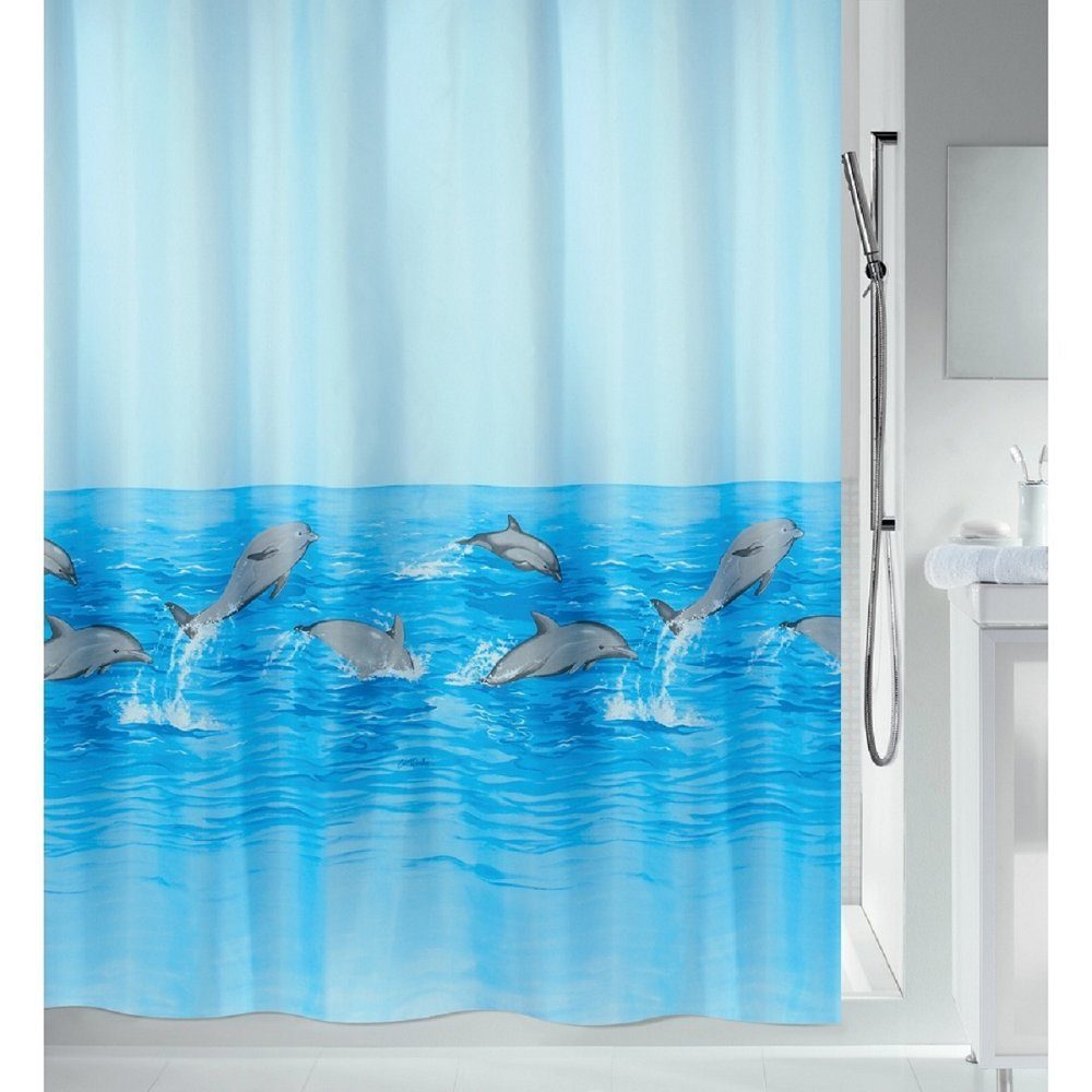 spirella Duschvorhang NEMO Breite 120 cm, Premium Textil-Duschvorhang, 100% Polyester, Made in Europe, wasserabweisend, Anti-Schimmel-Effekt, waschbar 30°, Delfin Motiv, Farbe acqua blau, Größe 120 x 200 cm