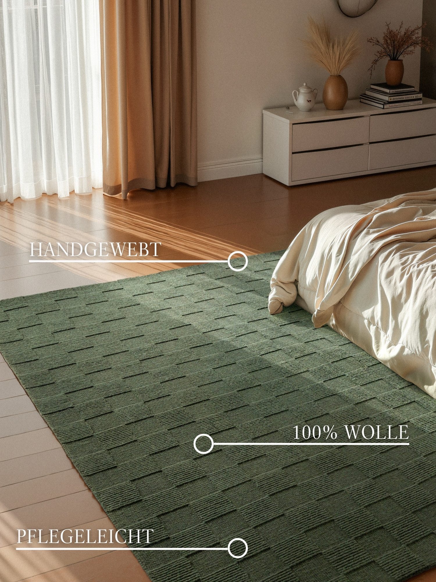 Villeroy & Boch Wollteppich Scala, rechteckig, Höhe: 10 mm, Handgewebt, Wolle, Kariert, Natur, 3D-Struktur, Karo, Wohnzimmer