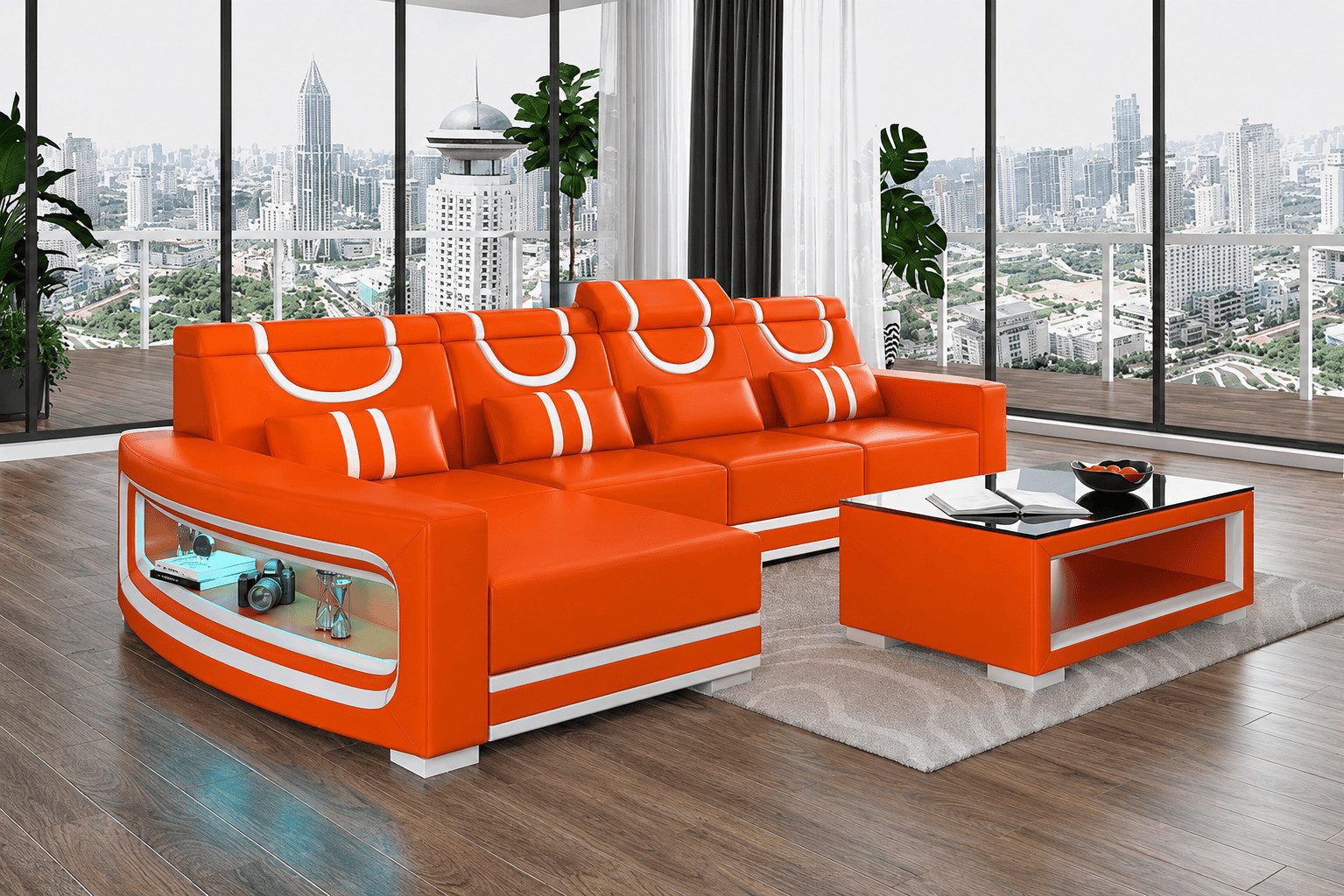 JVmoebel Ecksofa Ecksofa L-Form Orange mit LED Couchtisch für modernes Wohnzimmer, 2 Teile, Modernes Design, LED Beleuchtung, Stauraum